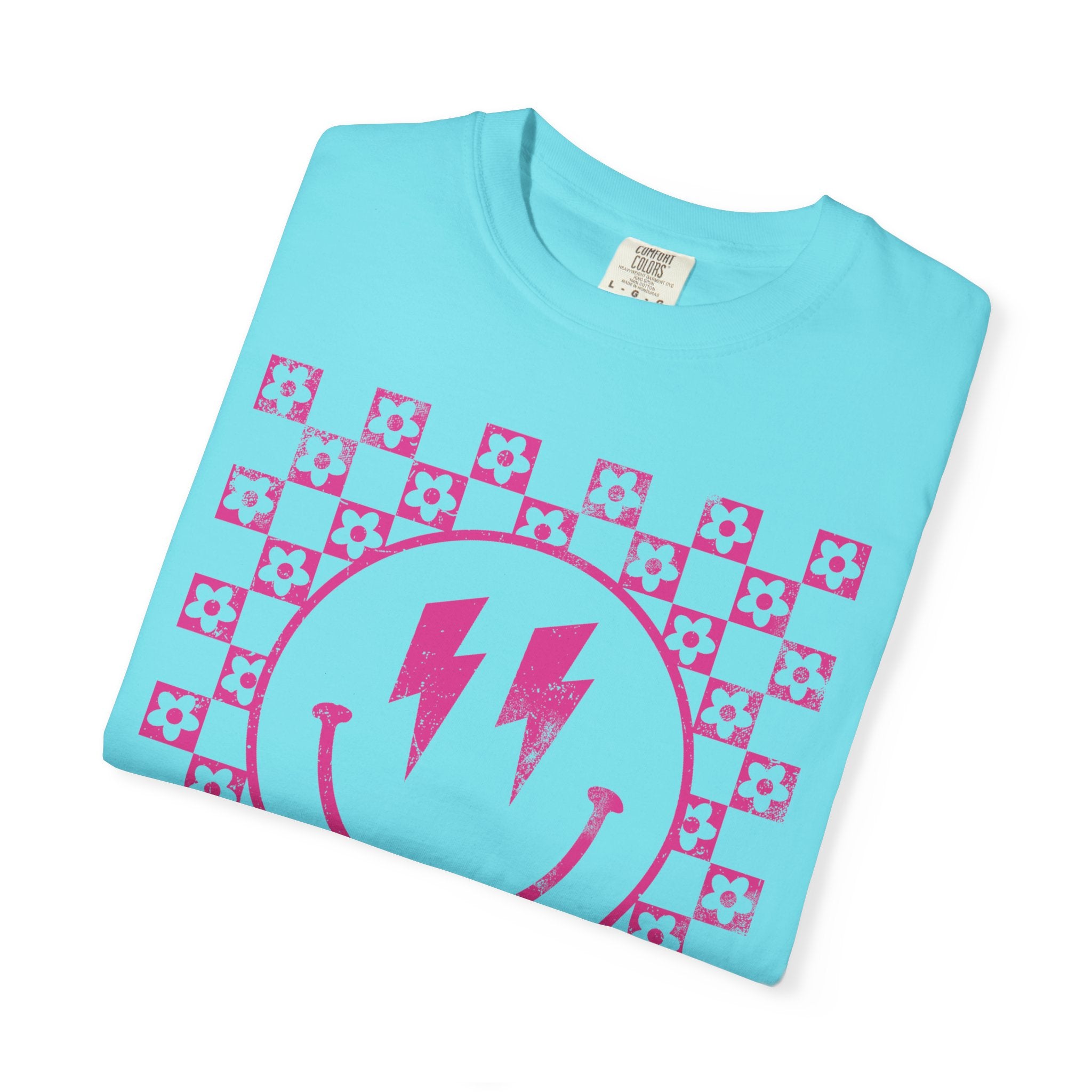 Pink Lightning Smile Tee - Retro Checkerboard Graphic T-Shirt