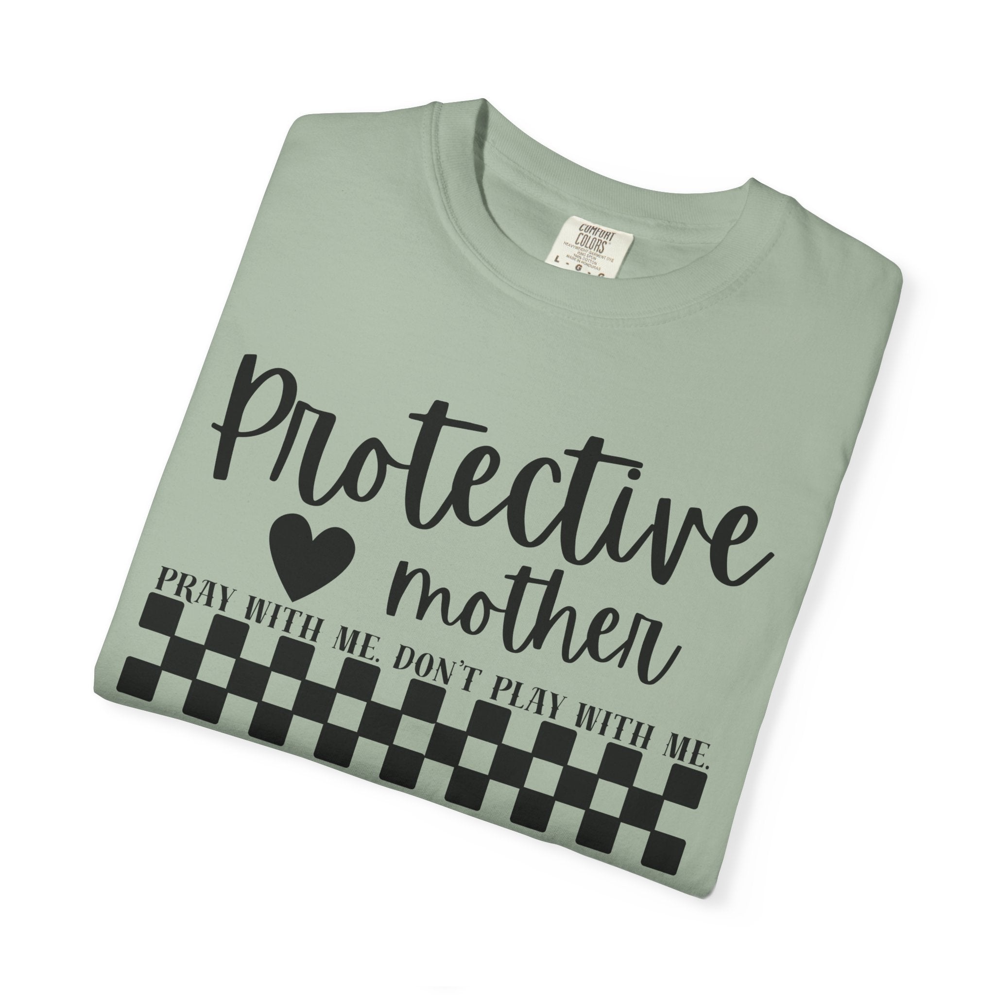 Protective Mother T-Shirt — “Protective Mother” Script Tee with Checkerboard Accent