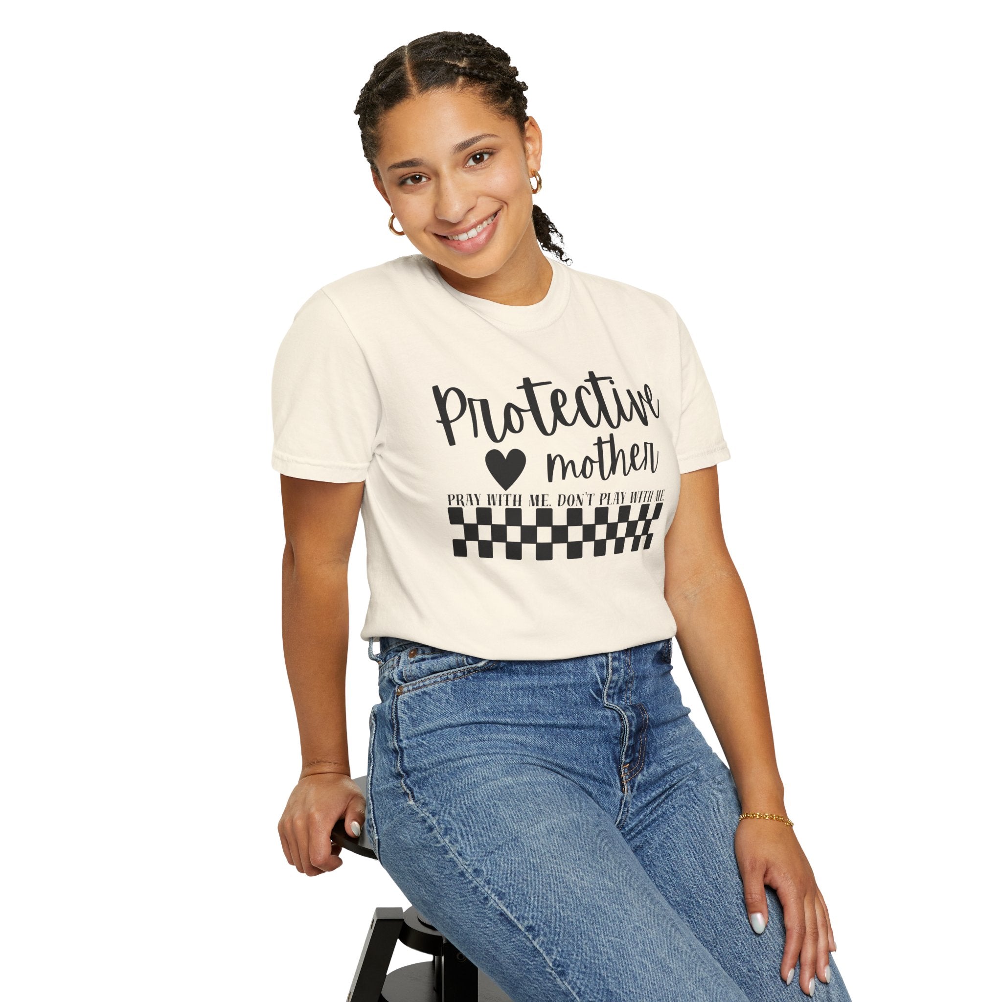 Protective Mother T-Shirt — “Protective Mother” Script Tee with Checkerboard Accent