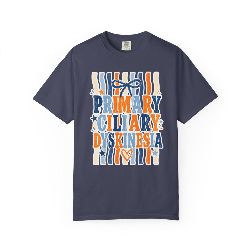 Primary Ciliary Dyskinesia Awareness T-Shirt — Orange & Blue Ribbon Design