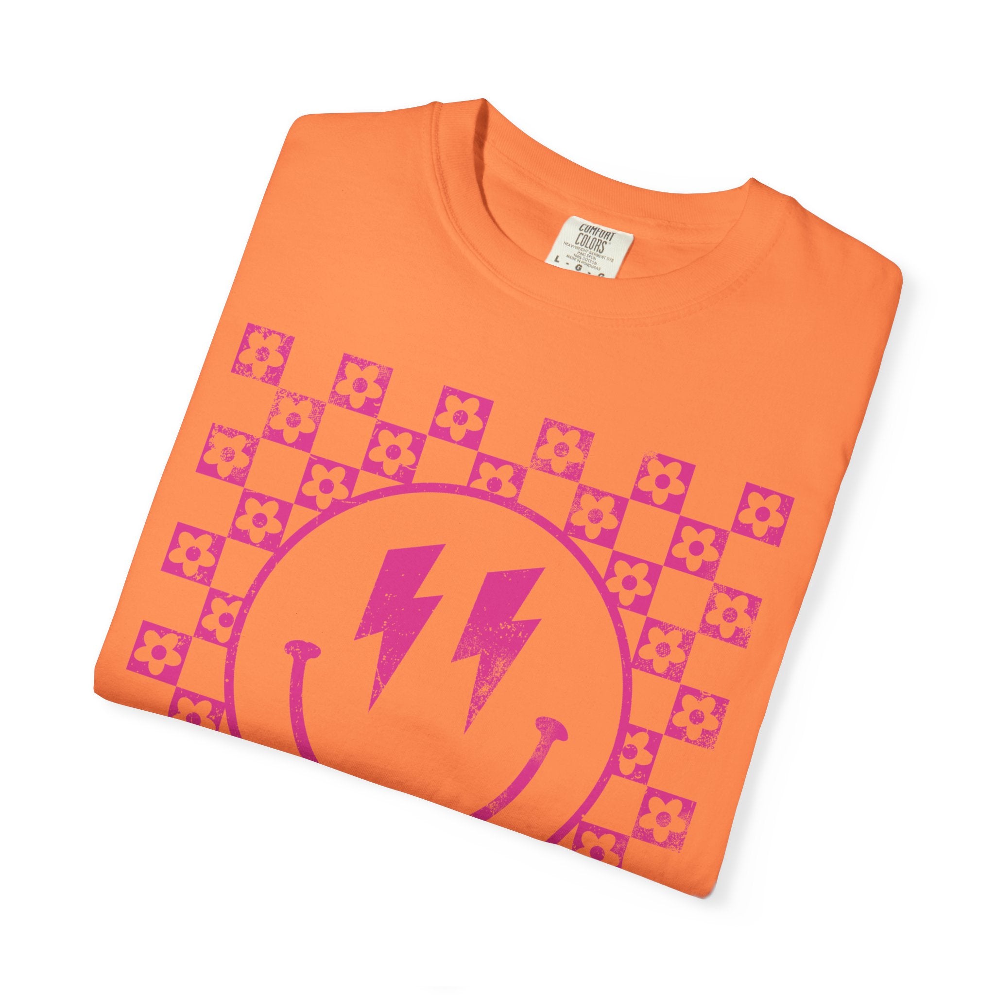Pink Lightning Smile Tee - Retro Checkerboard Graphic T-Shirt