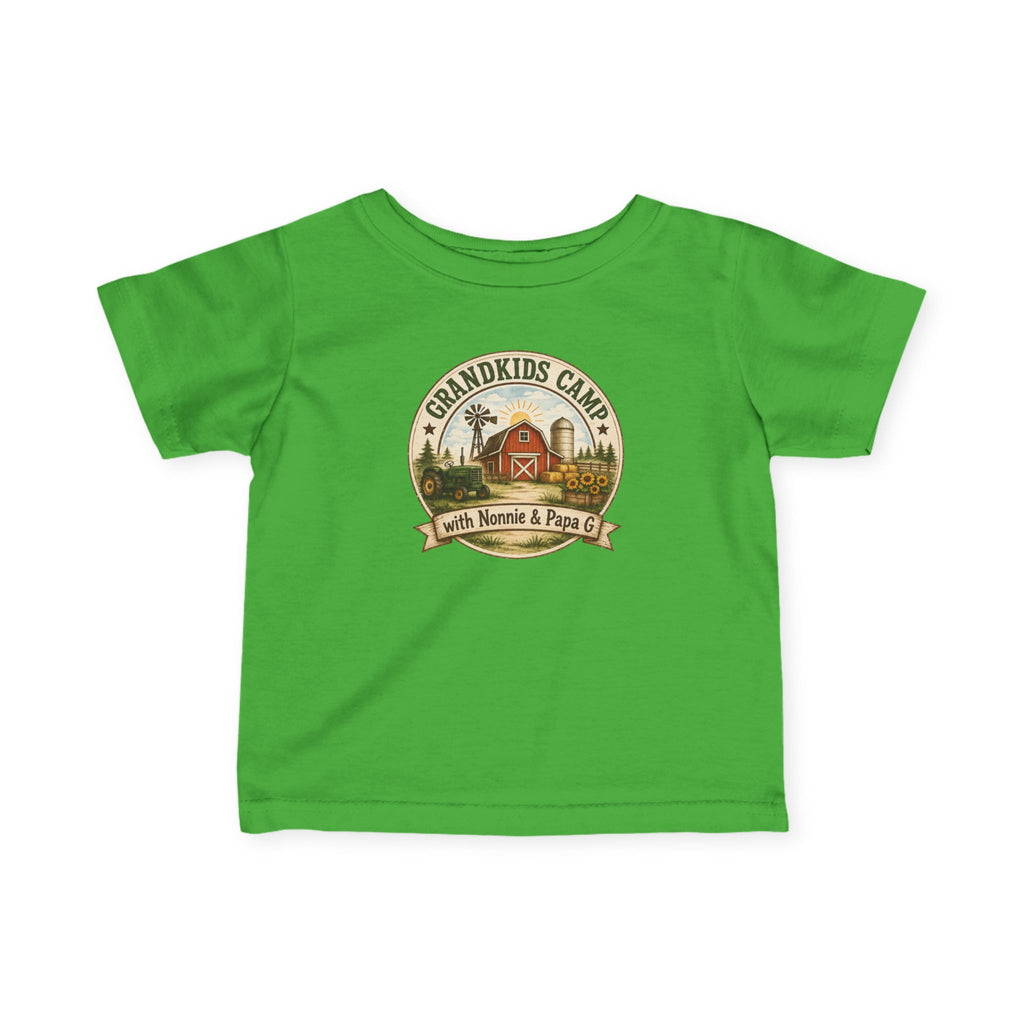 Infant Tee — “Grandkids Camp with Nonnie & Papa” Baby Shirt (Exploring, Laughing, Playing, Growing)