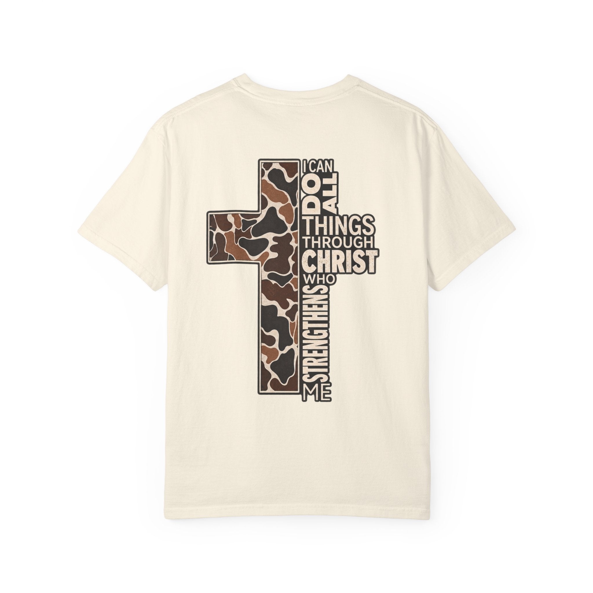 Christian Cross T‑Shirt — "I Can Do All Things Through Christ" Camouflage Design
