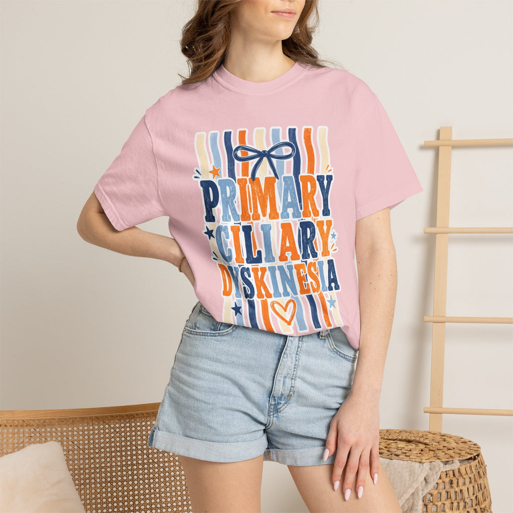 Primary Ciliary Dyskinesia Awareness T-Shirt — Orange & Blue Ribbon Design