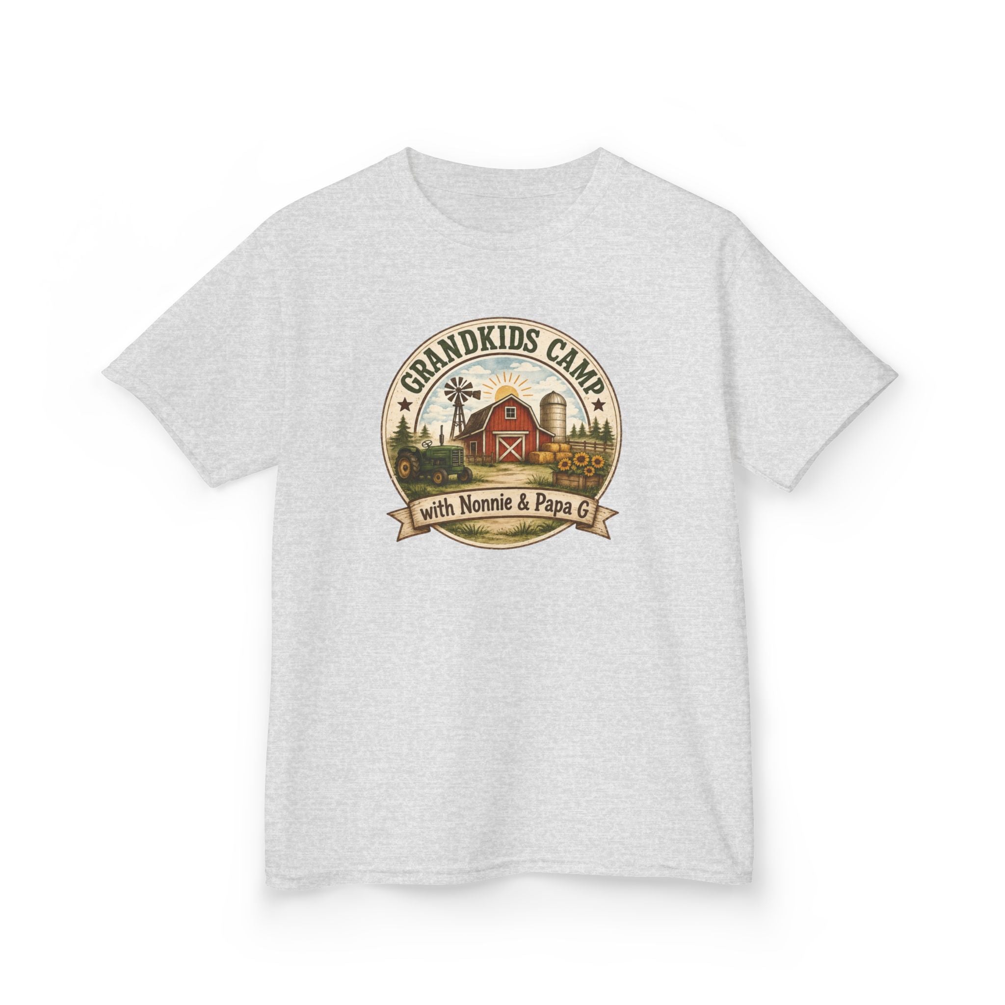 Kids Tee — "Grandkids Camp with Nannie & Papa" Rustic Farm Sign Tee