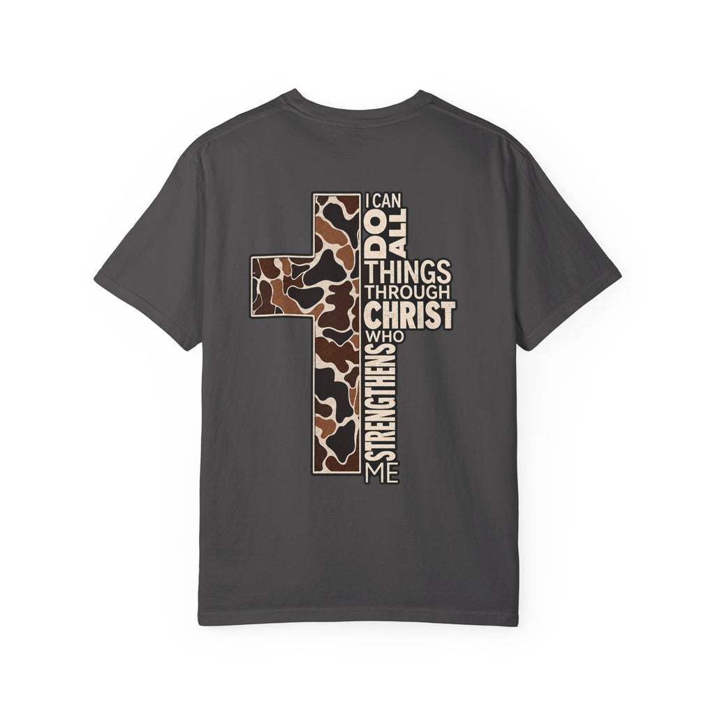 Christian Cross T‑Shirt — "I Can Do All Things Through Christ" Camouflage Design