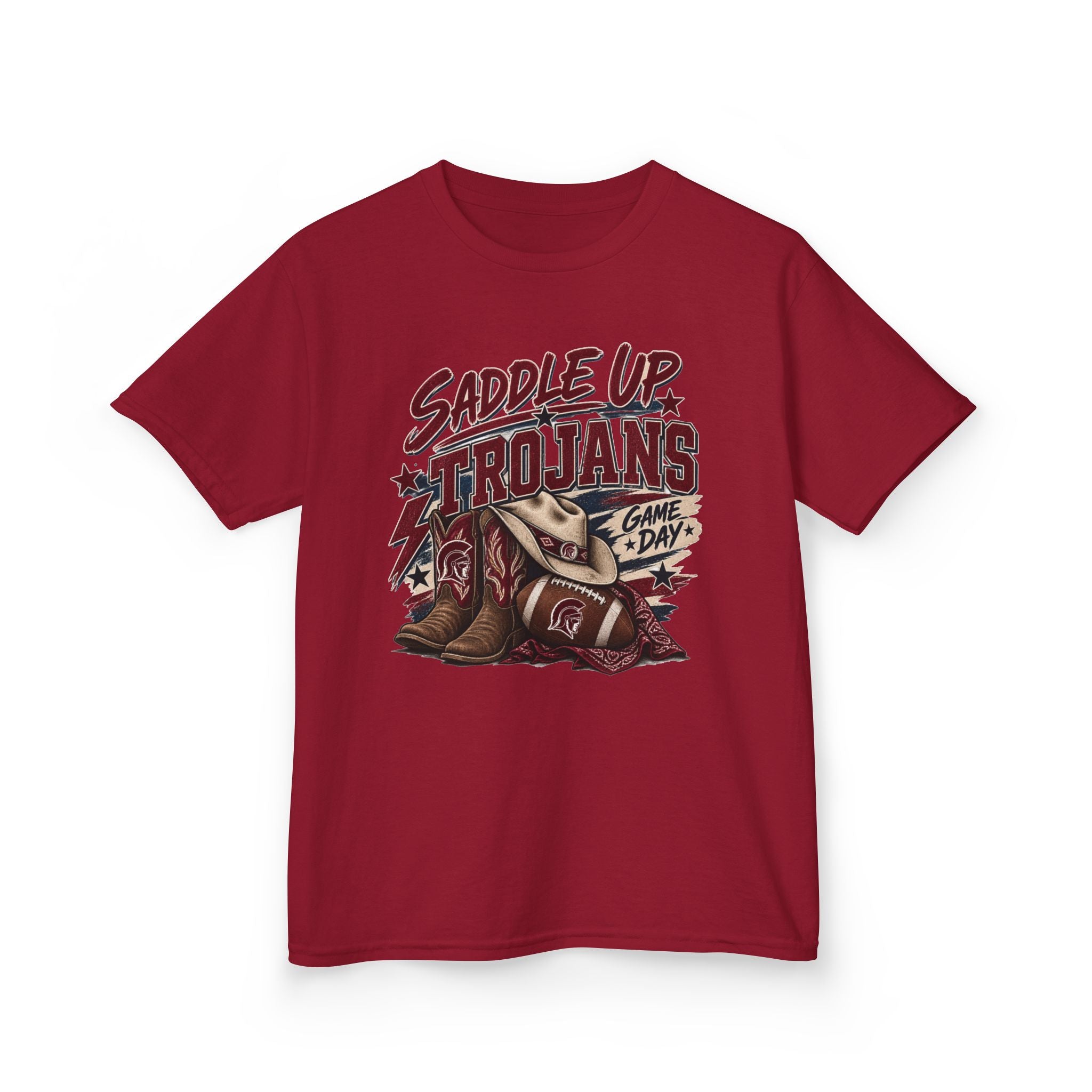 Kids Tee — "Saddle Up Trojans" Football Game Day Shirt