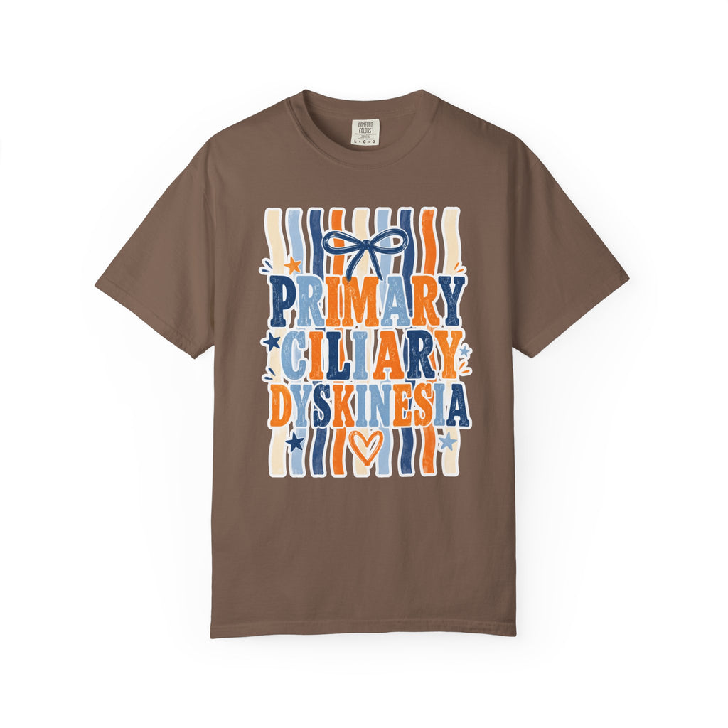 Primary Ciliary Dyskinesia Awareness T-Shirt — Orange & Blue Ribbon Design
