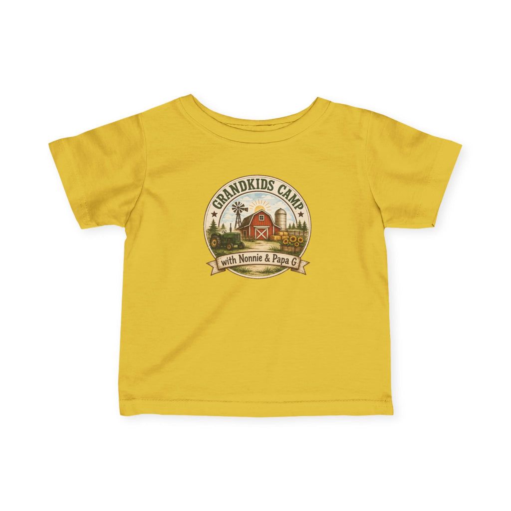 Infant Tee — “Grandkids Camp with Nonnie & Papa” Baby Shirt (Exploring, Laughing, Playing, Growing)