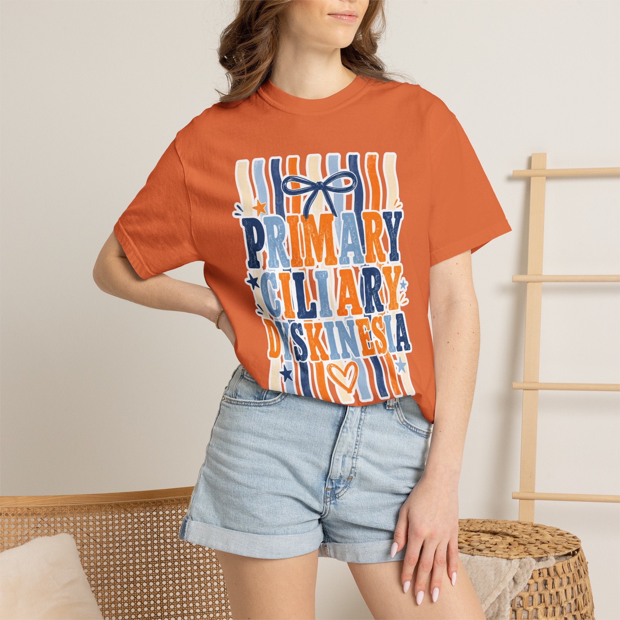 Primary Ciliary Dyskinesia Awareness T-Shirt — Orange & Blue Ribbon Design