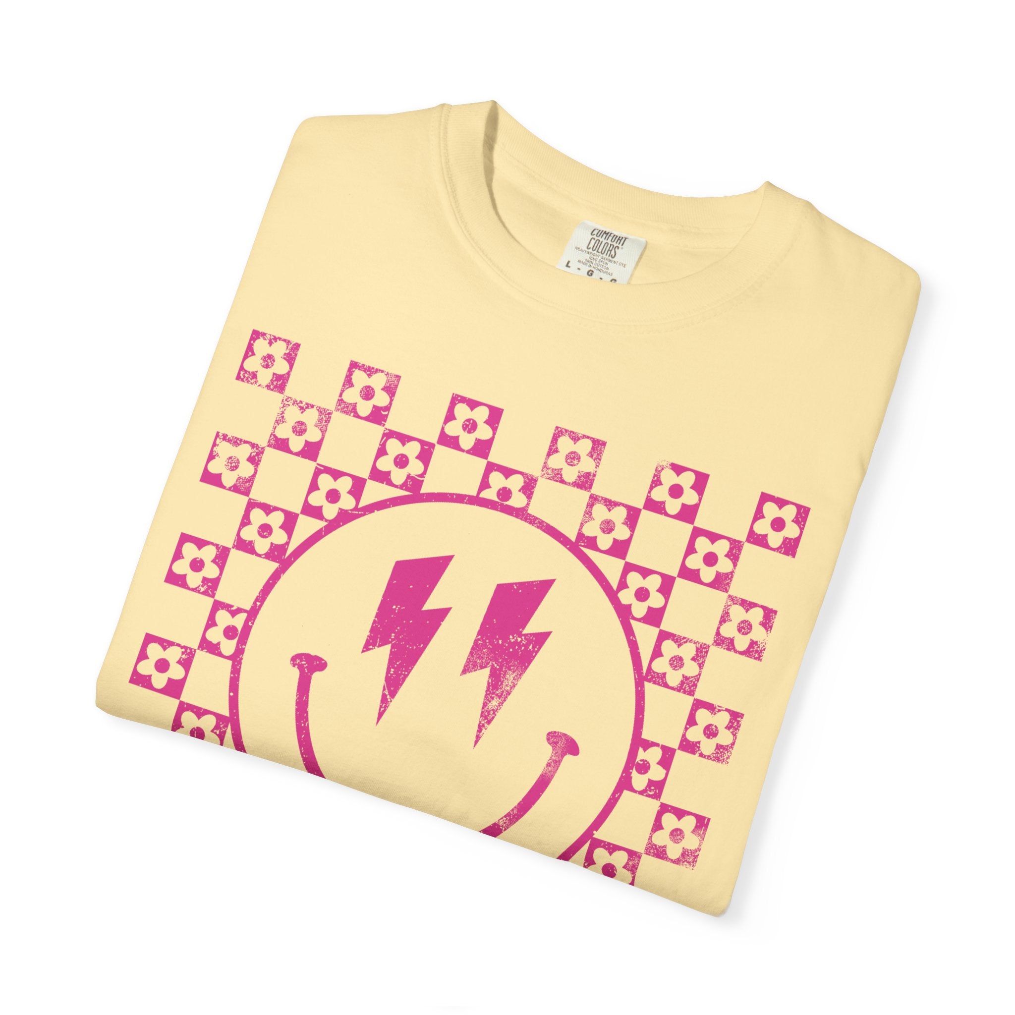 Pink Lightning Smile Tee - Retro Checkerboard Graphic T-Shirt