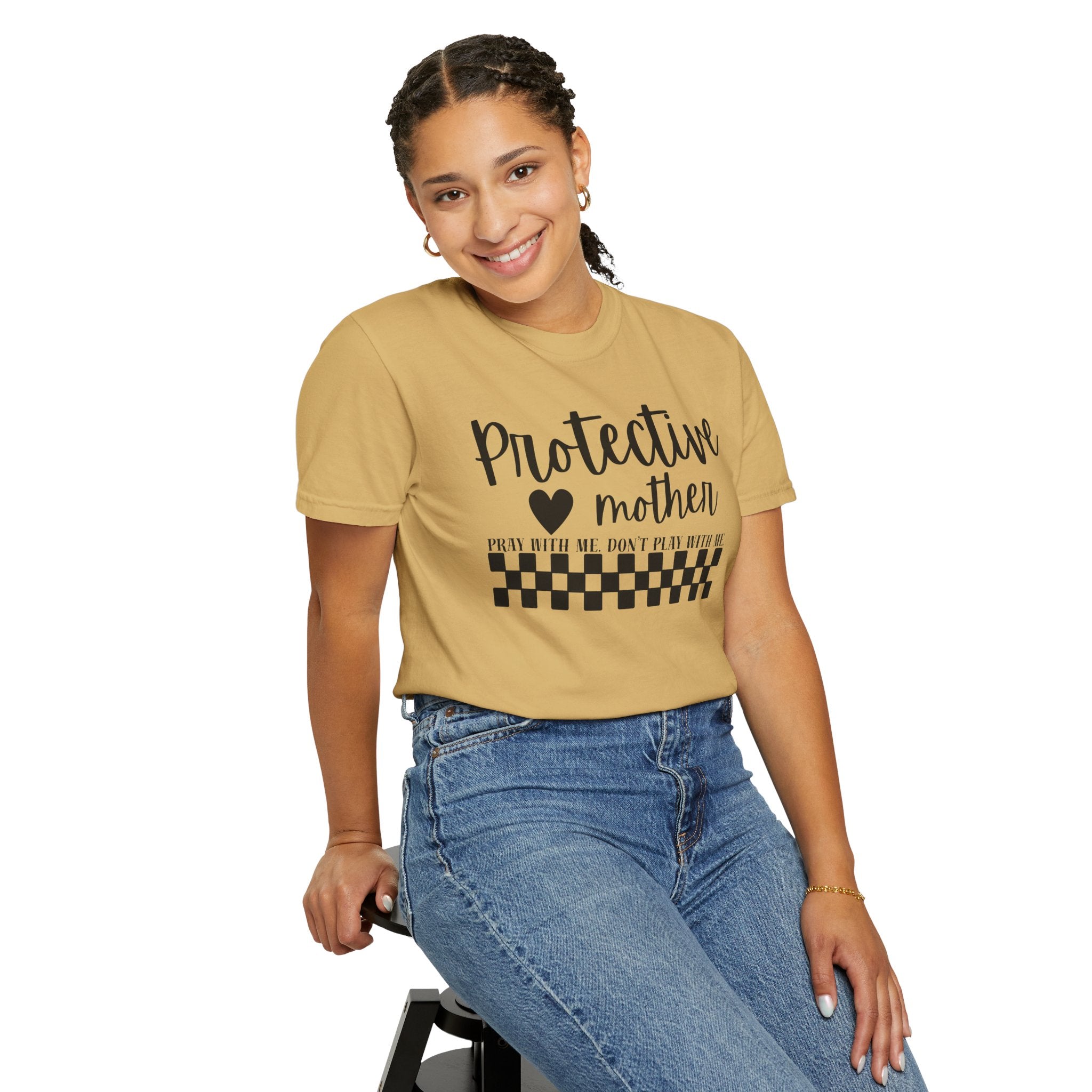 Protective Mother T-Shirt — “Protective Mother” Script Tee with Checkerboard Accent
