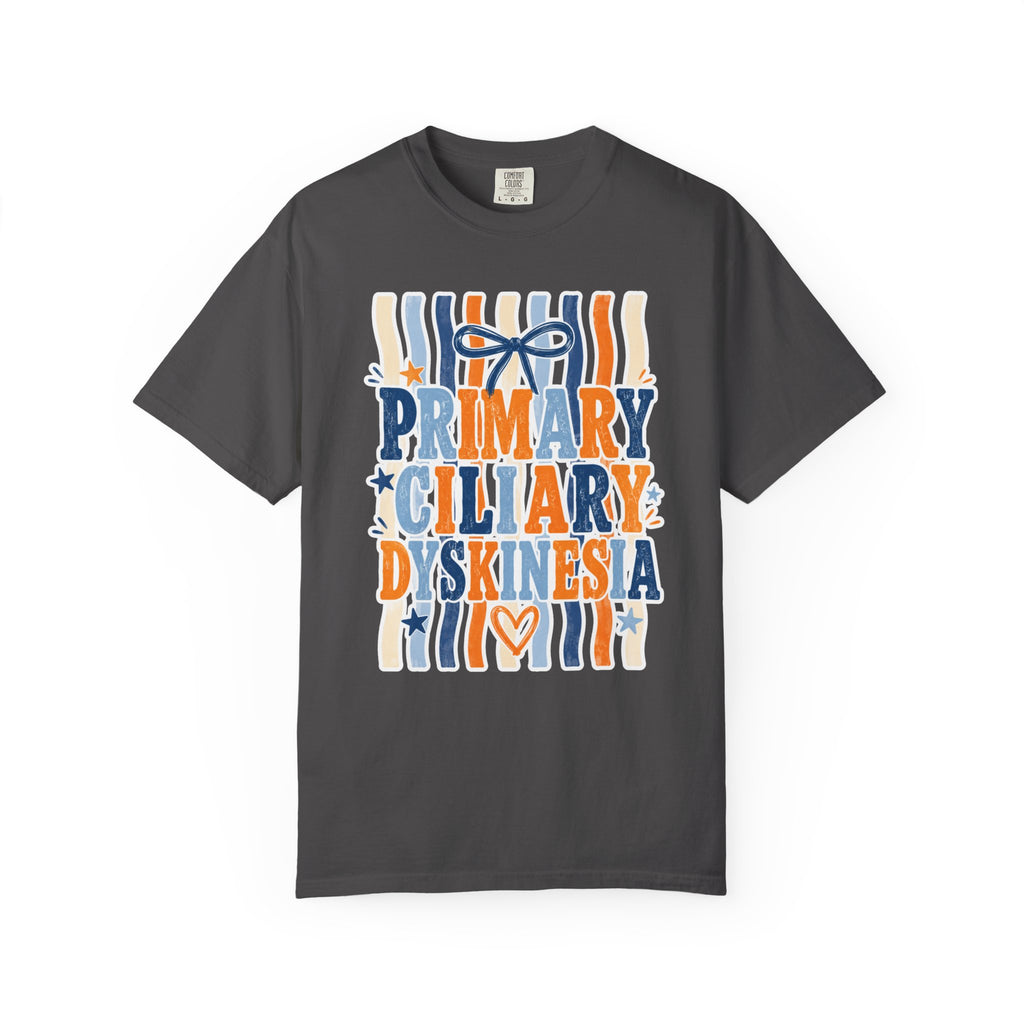 Primary Ciliary Dyskinesia Awareness T-Shirt — Orange & Blue Ribbon Design
