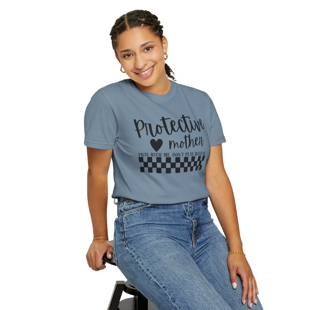 Protective Mother T-Shirt — “Protective Mother” Script Tee with Checkerboard Accent