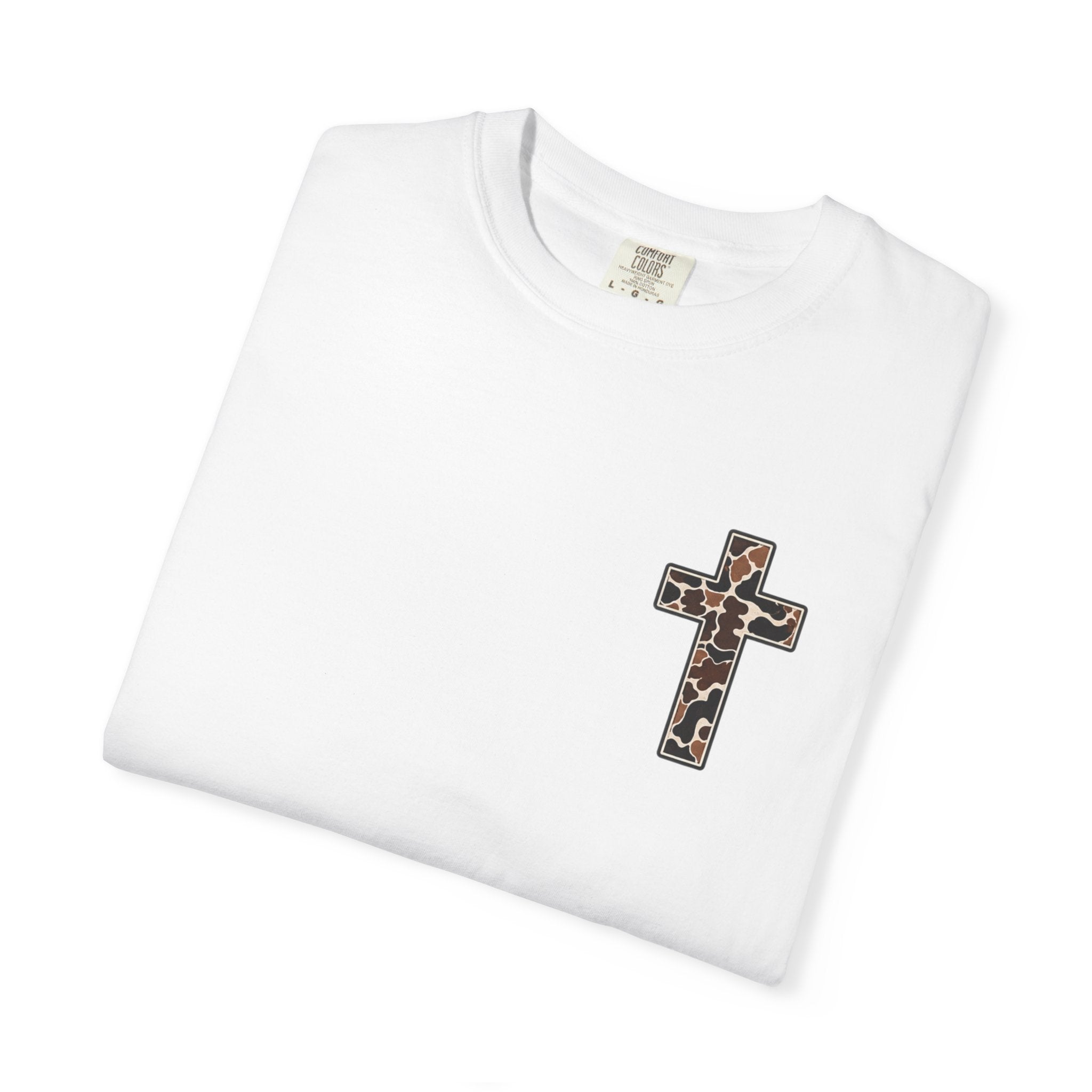 Christian Cross T‑Shirt — "I Can Do All Things Through Christ" Camouflage Design