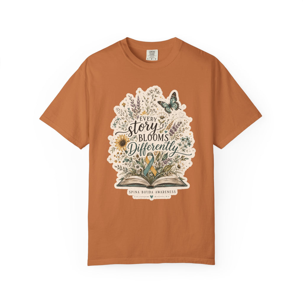 Every Story Blooms Differently T-Shirt — Spina Bifida Awareness