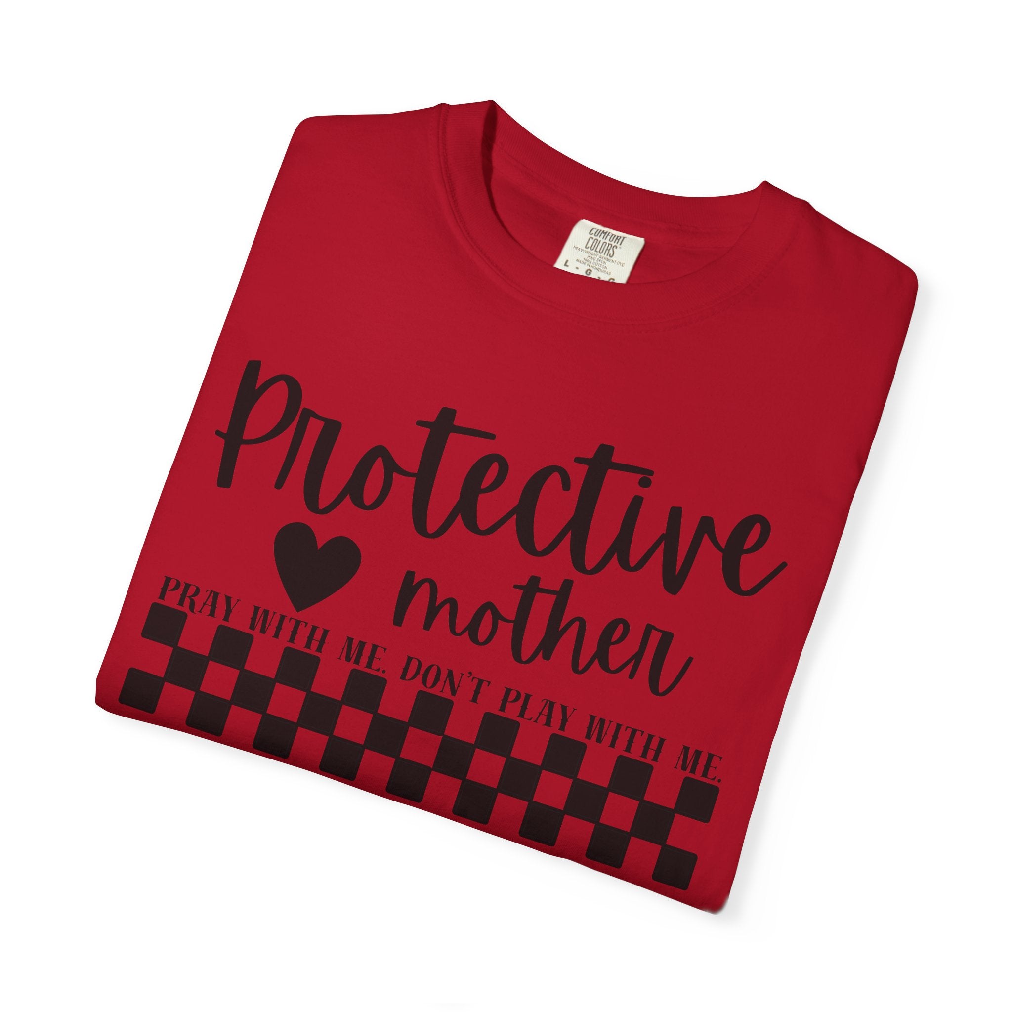 Protective Mother T-Shirt — “Protective Mother” Script Tee with Checkerboard Accent