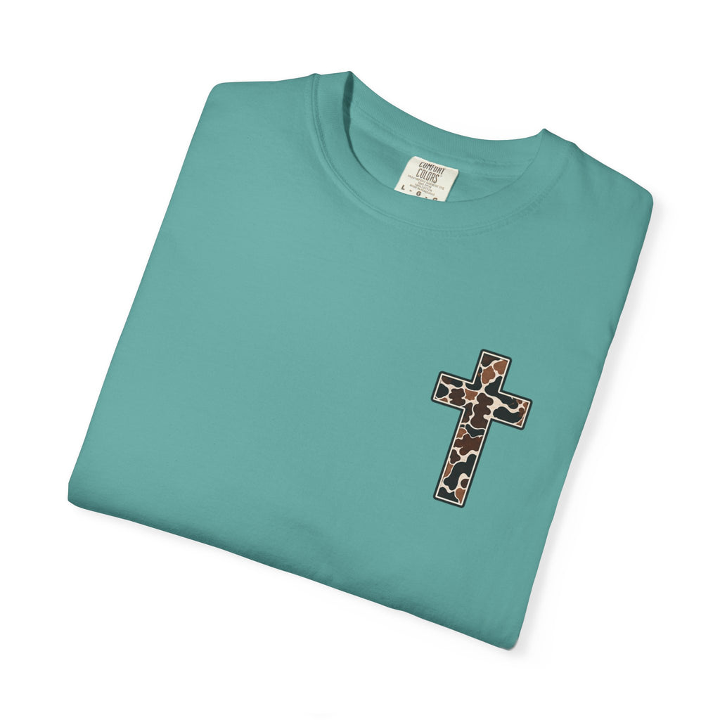 Christian Cross T‑Shirt — "I Can Do All Things Through Christ" Camouflage Design