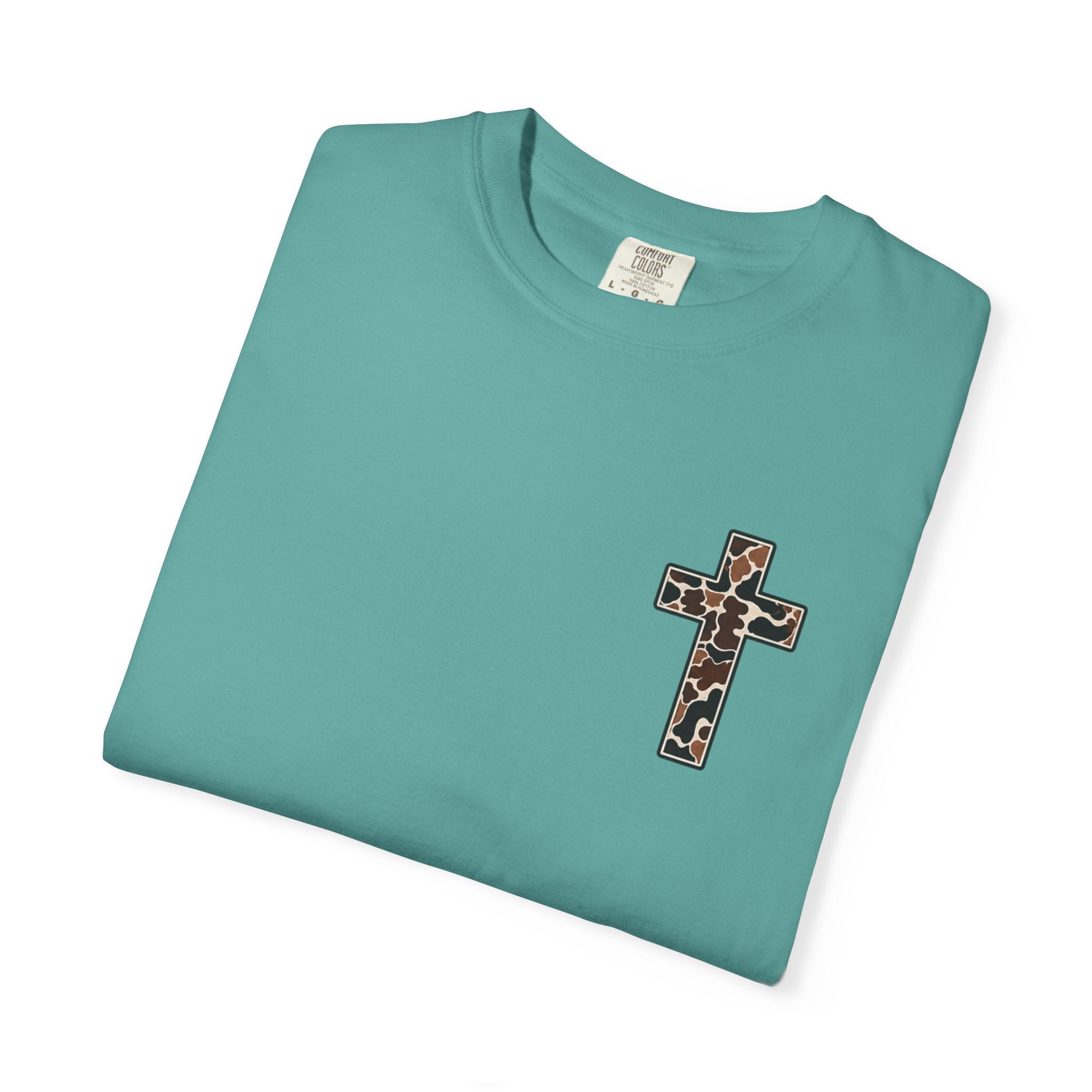 Christian Cross T‑Shirt — "I Can Do All Things Through Christ" Camouflage Design