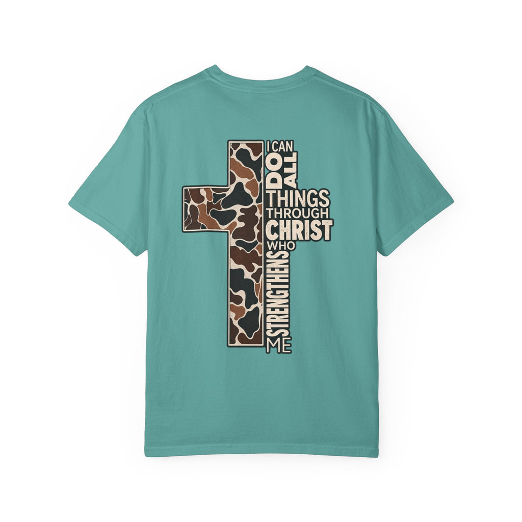 Christian Cross T‑Shirt — "I Can Do All Things Through Christ" Camouflage Design