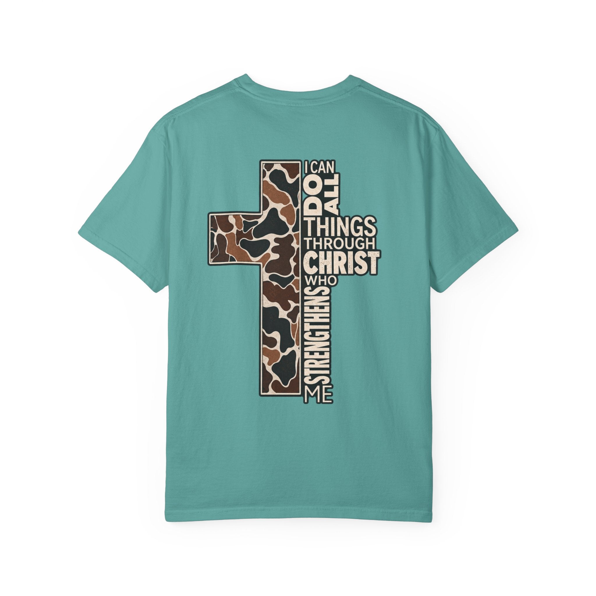 Christian Cross T‑Shirt — "I Can Do All Things Through Christ" Camouflage Design