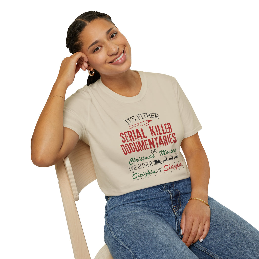Serial Killer Documentaries or Christmas Movies T-Shirt — Funny Holiday True Crime Tee