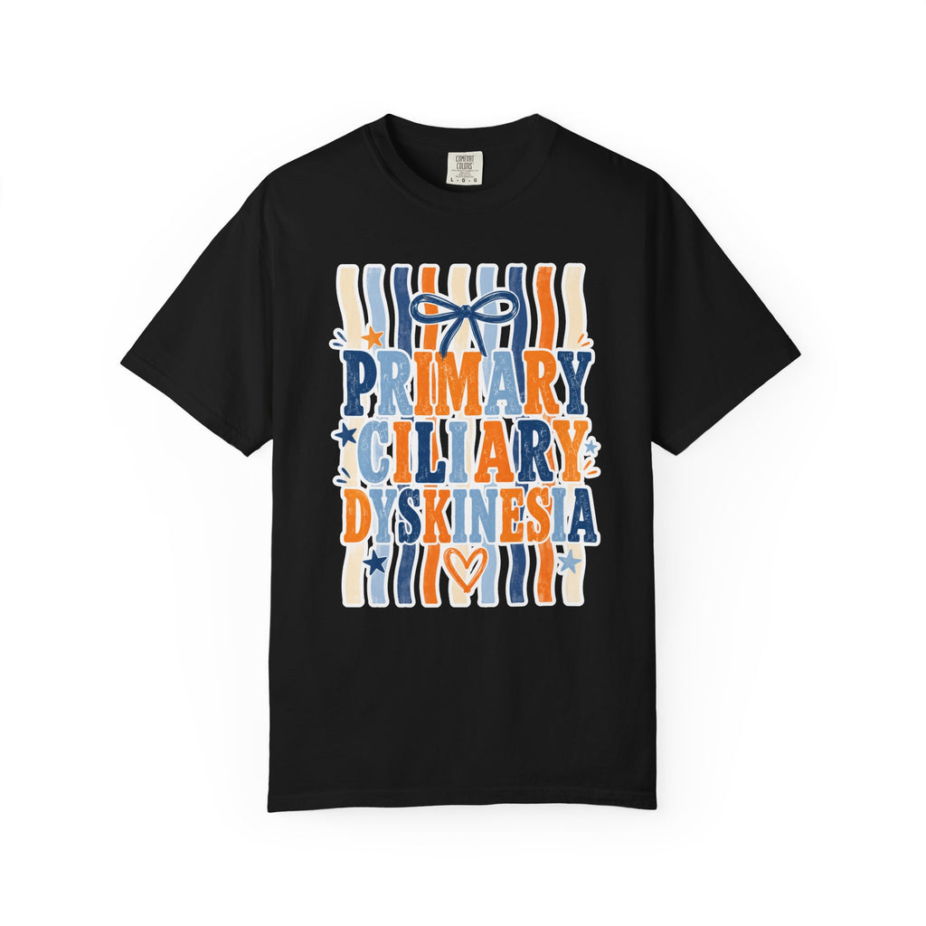 Primary Ciliary Dyskinesia Awareness T-Shirt — Orange & Blue Ribbon Design