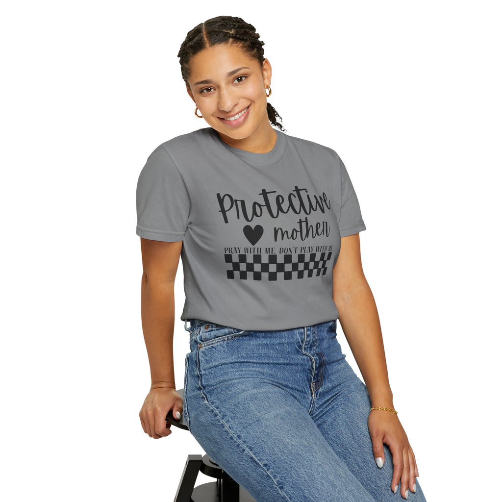 Protective Mother T-Shirt — “Protective Mother” Script Tee with Checkerboard Accent