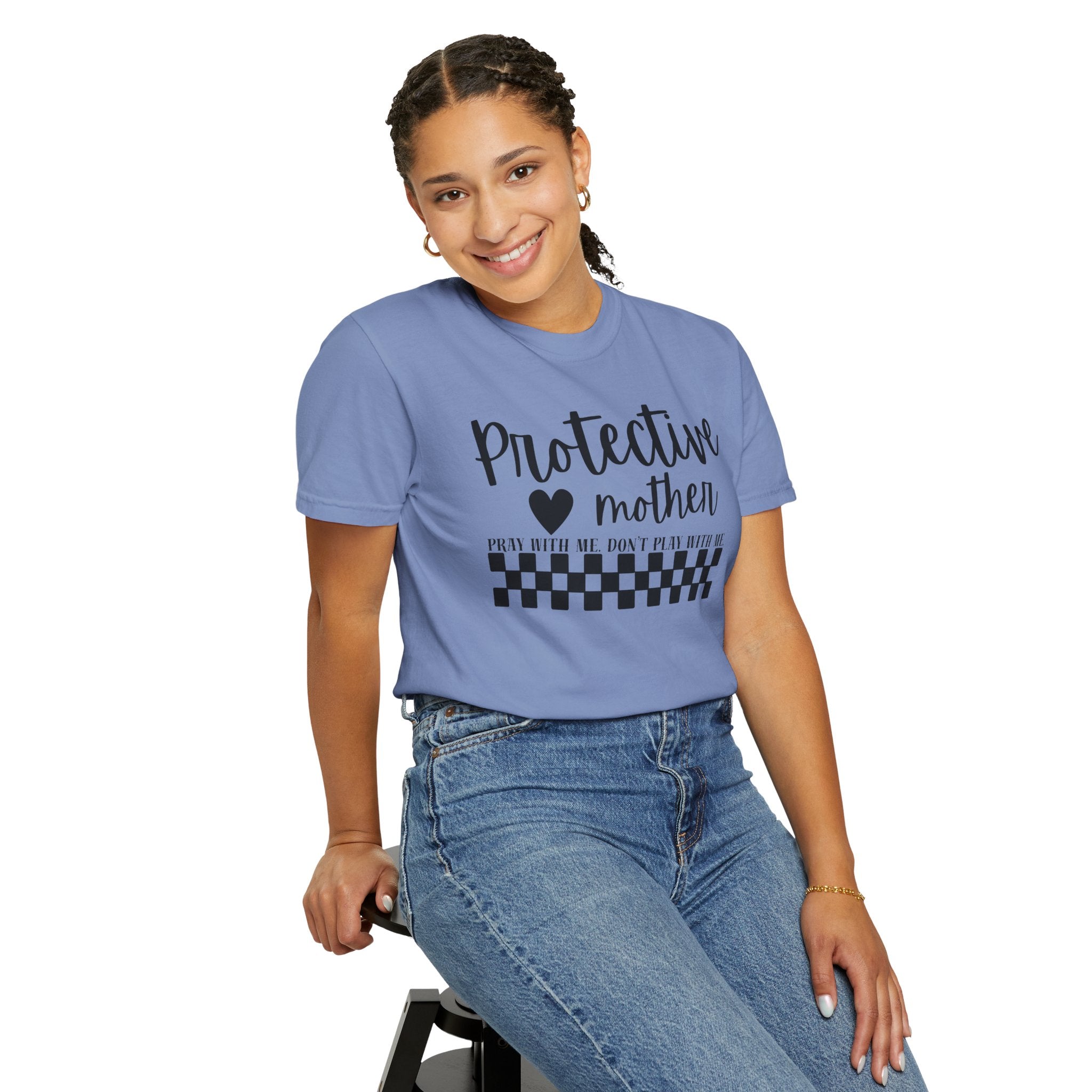 Protective Mother T-Shirt — “Protective Mother” Script Tee with Checkerboard Accent