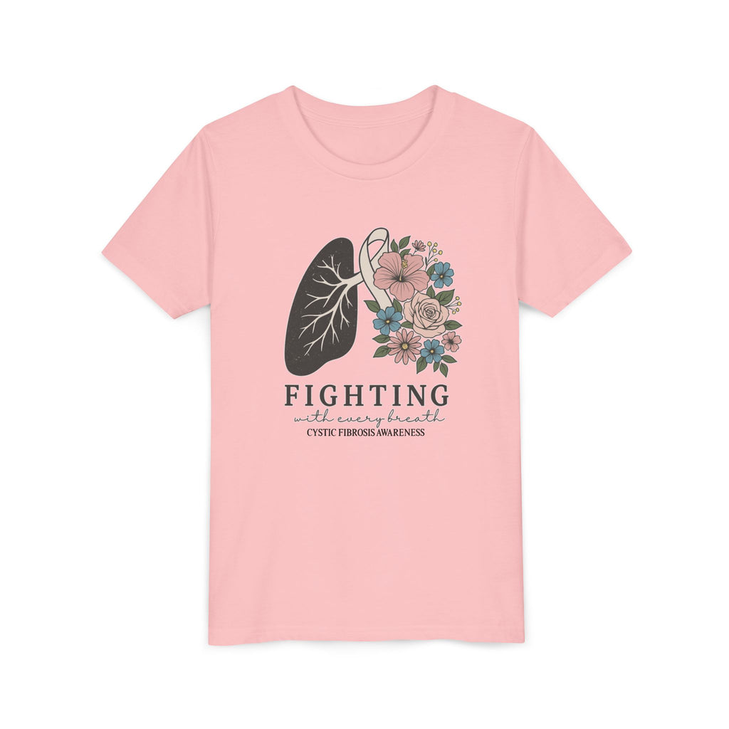 Youth Tee — "Fighting with Every Breath" Floral Lungs CF Awareness Shirt