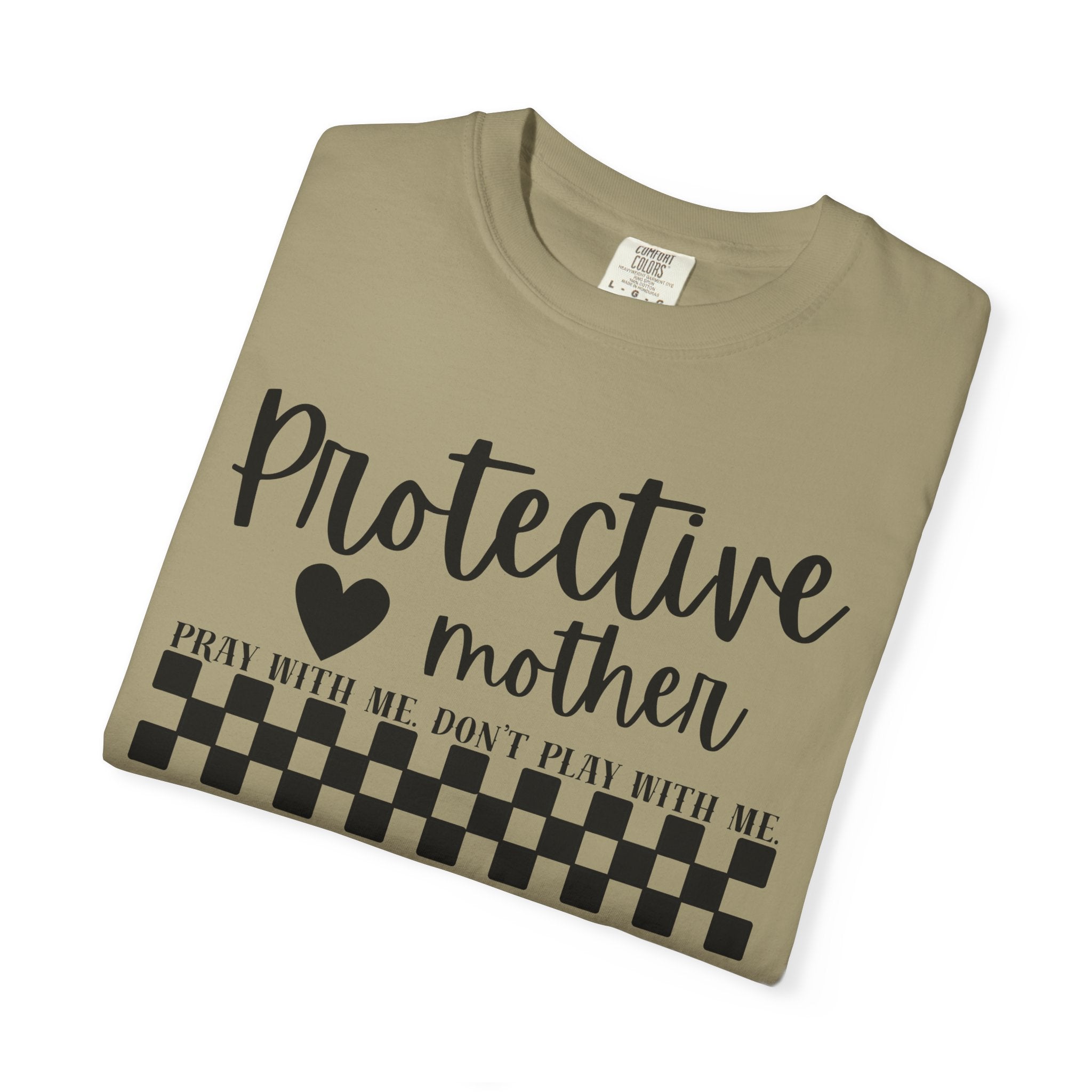 Protective Mother T-Shirt — “Protective Mother” Script Tee with Checkerboard Accent