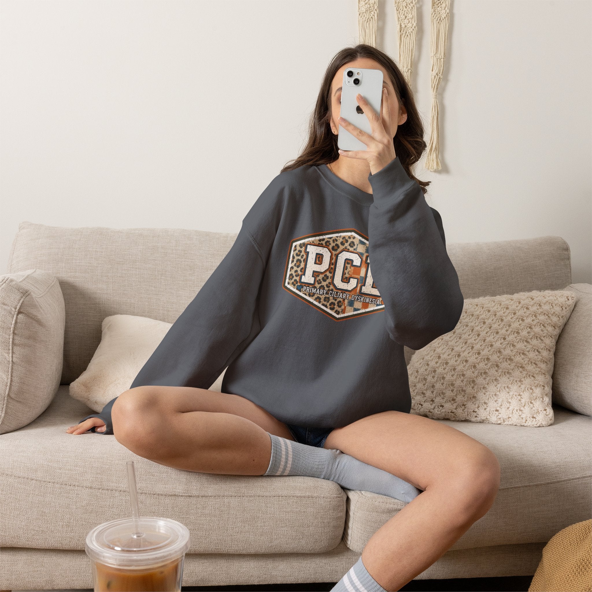 PCD Patch Crewneck Sweatshirt — Plaid & Leopard Logo Pullover