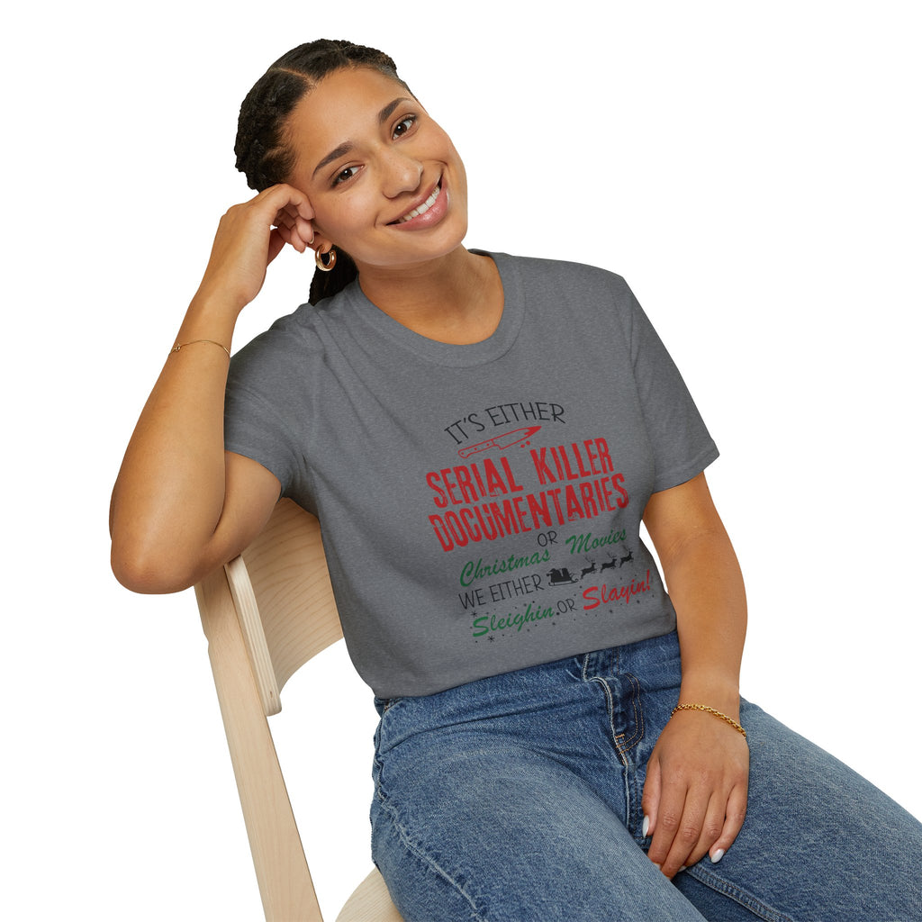 Serial Killer Documentaries or Christmas Movies T-Shirt — Funny Holiday True Crime Tee
