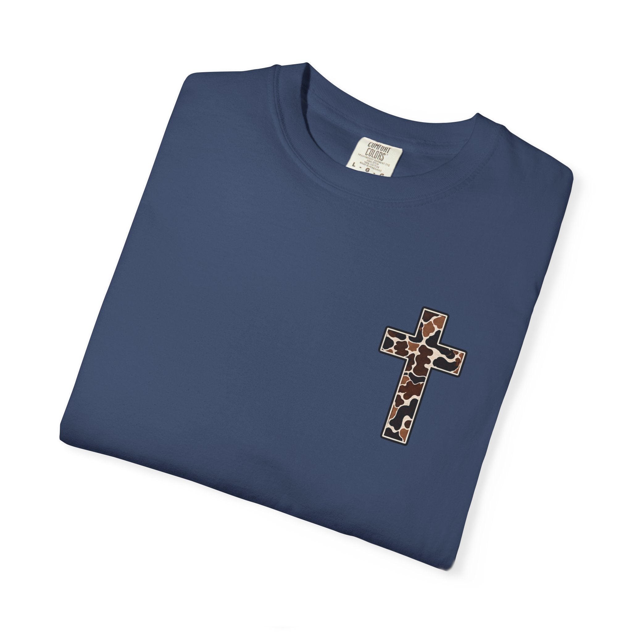 Christian Cross T‑Shirt — "I Can Do All Things Through Christ" Camouflage Design