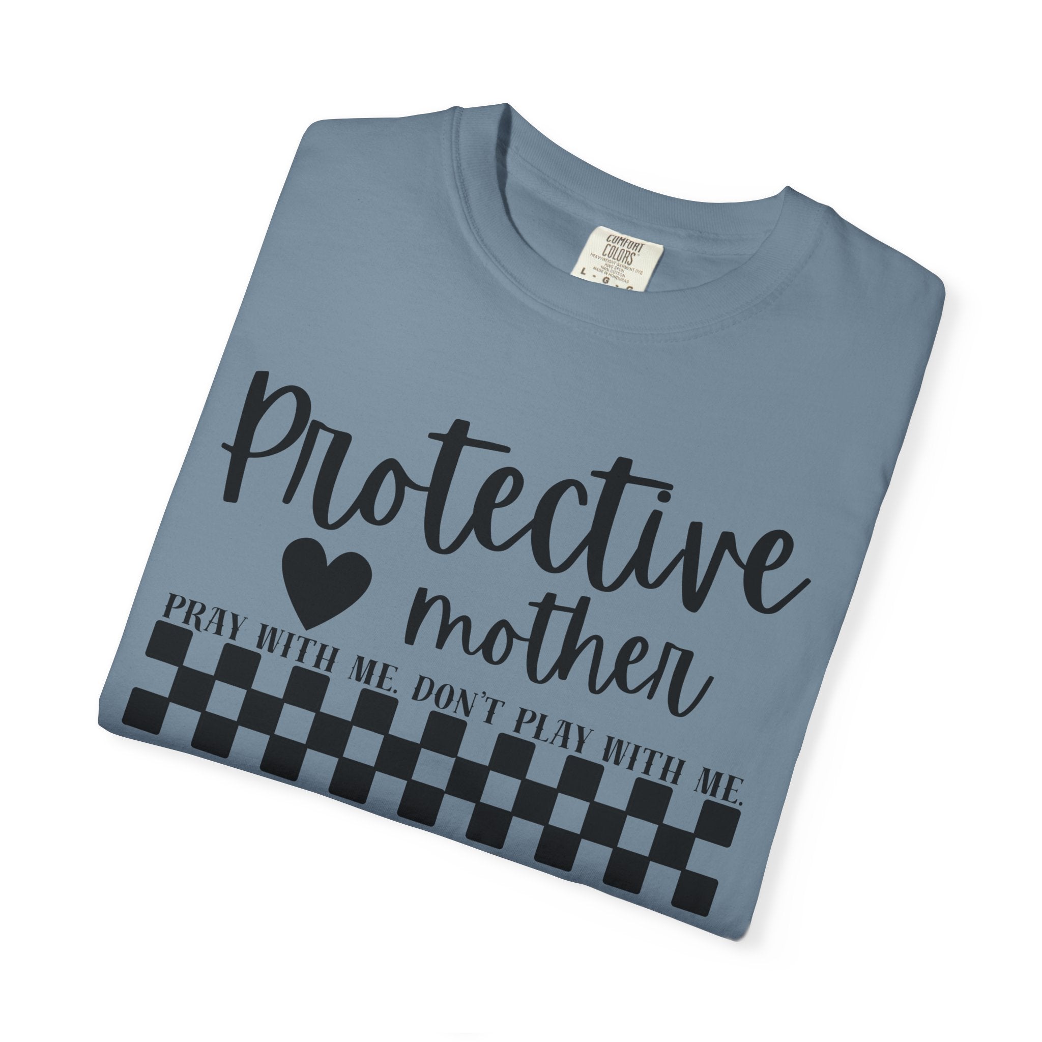 Protective Mother T-Shirt — “Protective Mother” Script Tee with Checkerboard Accent