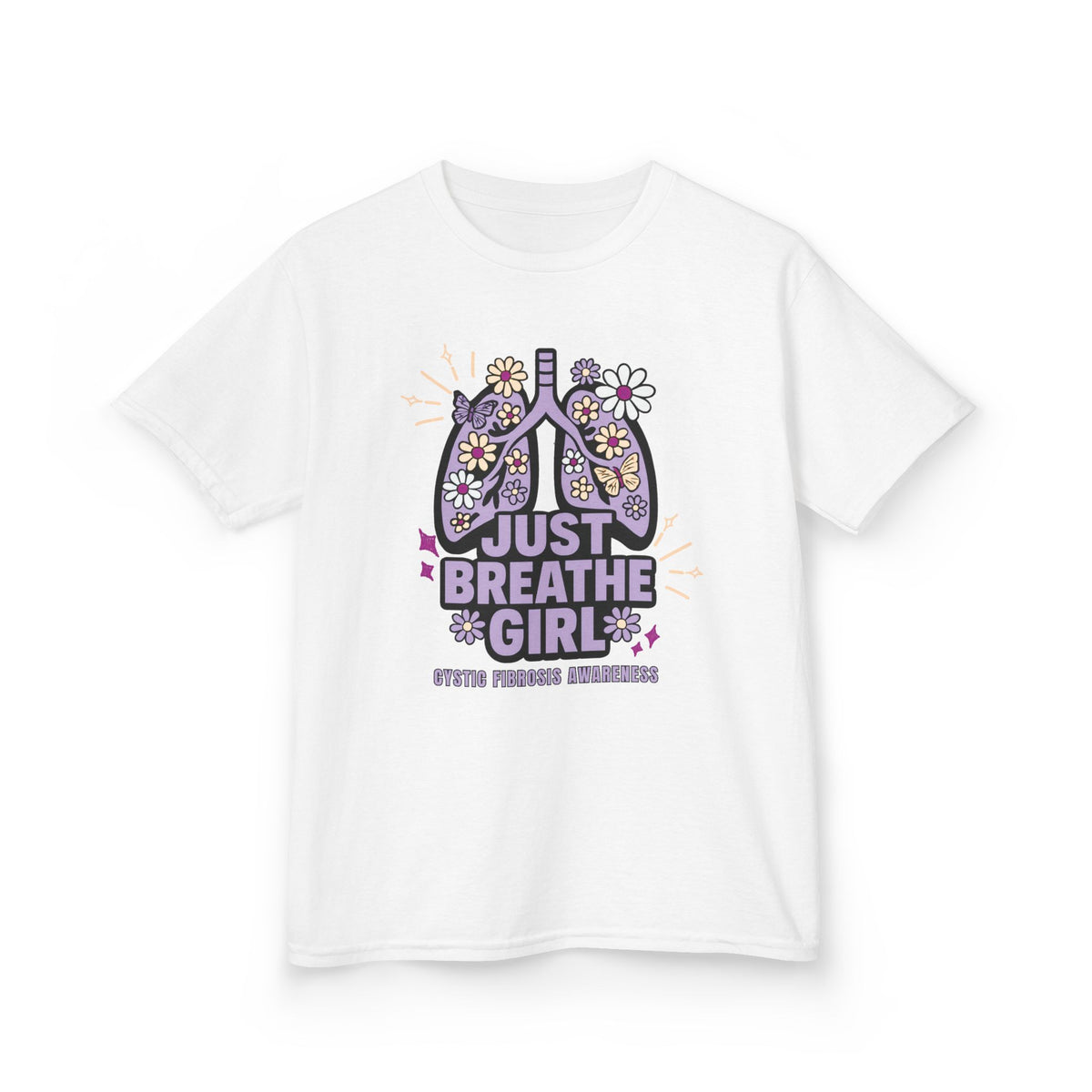 Kids Tee — "Just Breathe Girl" Floral Lungs CF Awareness Shirt