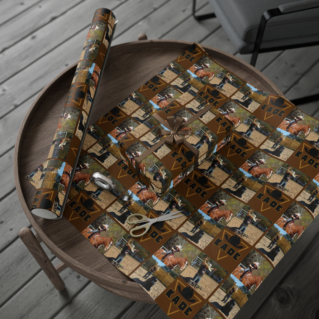 KADE——-Western Rodeo Photo Collage Wrapping Paper Roll — Brown Cowboy Theme Gift Wrap