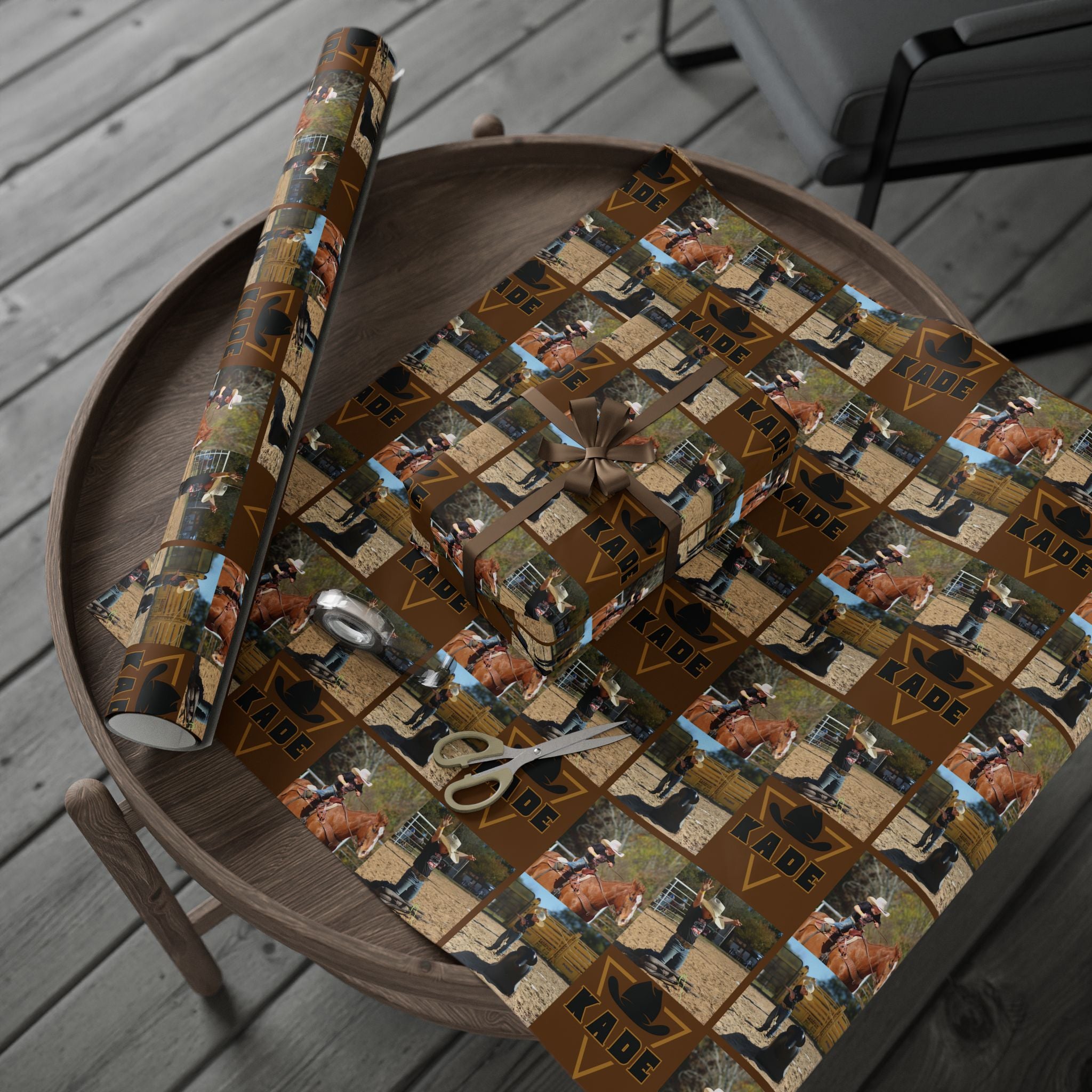 KADE——-Western Rodeo Photo Collage Wrapping Paper Roll — Brown Cowboy Theme Gift Wrap