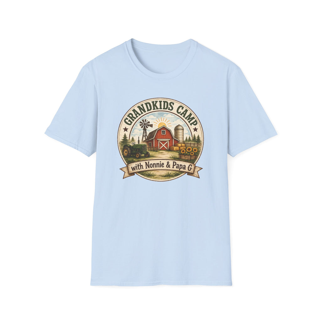 Grandkids Camp T-Shirt – Retro Barn, Tractor & 'Grandkids Camp with Nonnie & Papa' Design