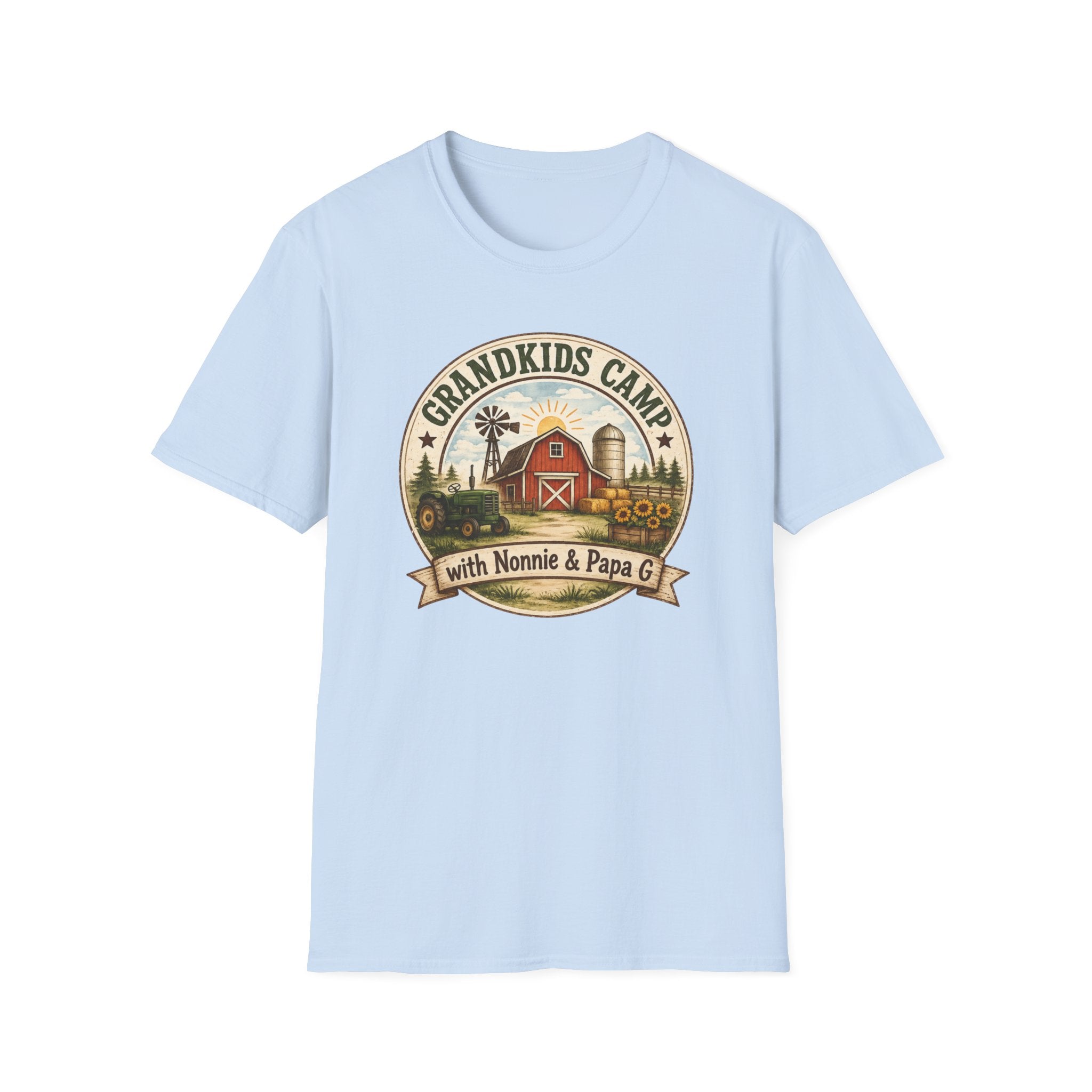 Grandkids Camp T-Shirt – Retro Barn, Tractor & 'Grandkids Camp with Nonnie & Papa' Design