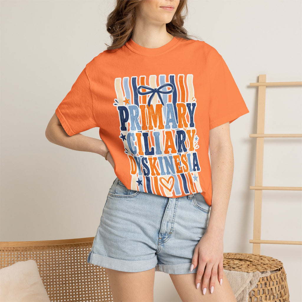 Primary Ciliary Dyskinesia Awareness T-Shirt — Orange & Blue Ribbon Design