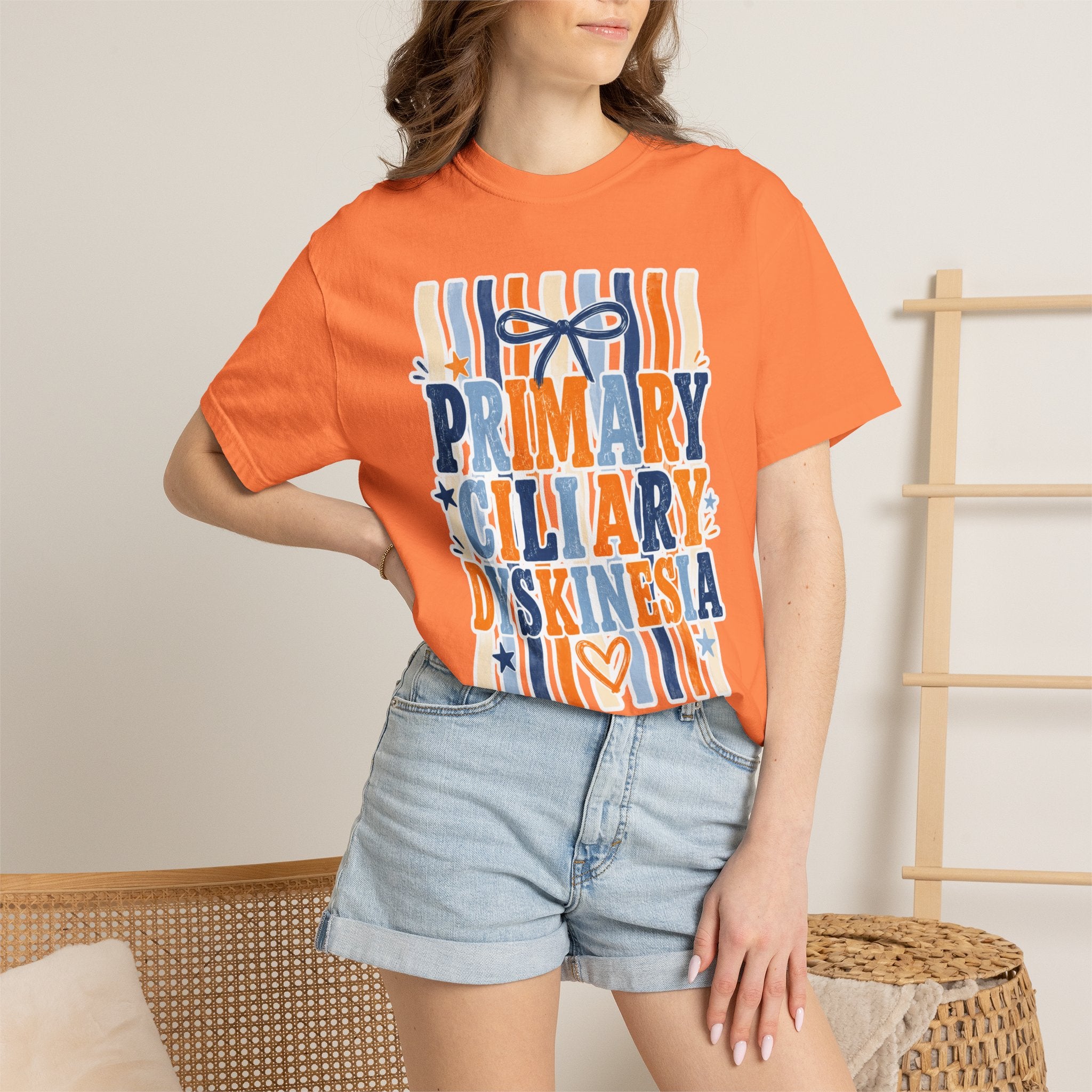 Primary Ciliary Dyskinesia Awareness T-Shirt — Orange & Blue Ribbon Design