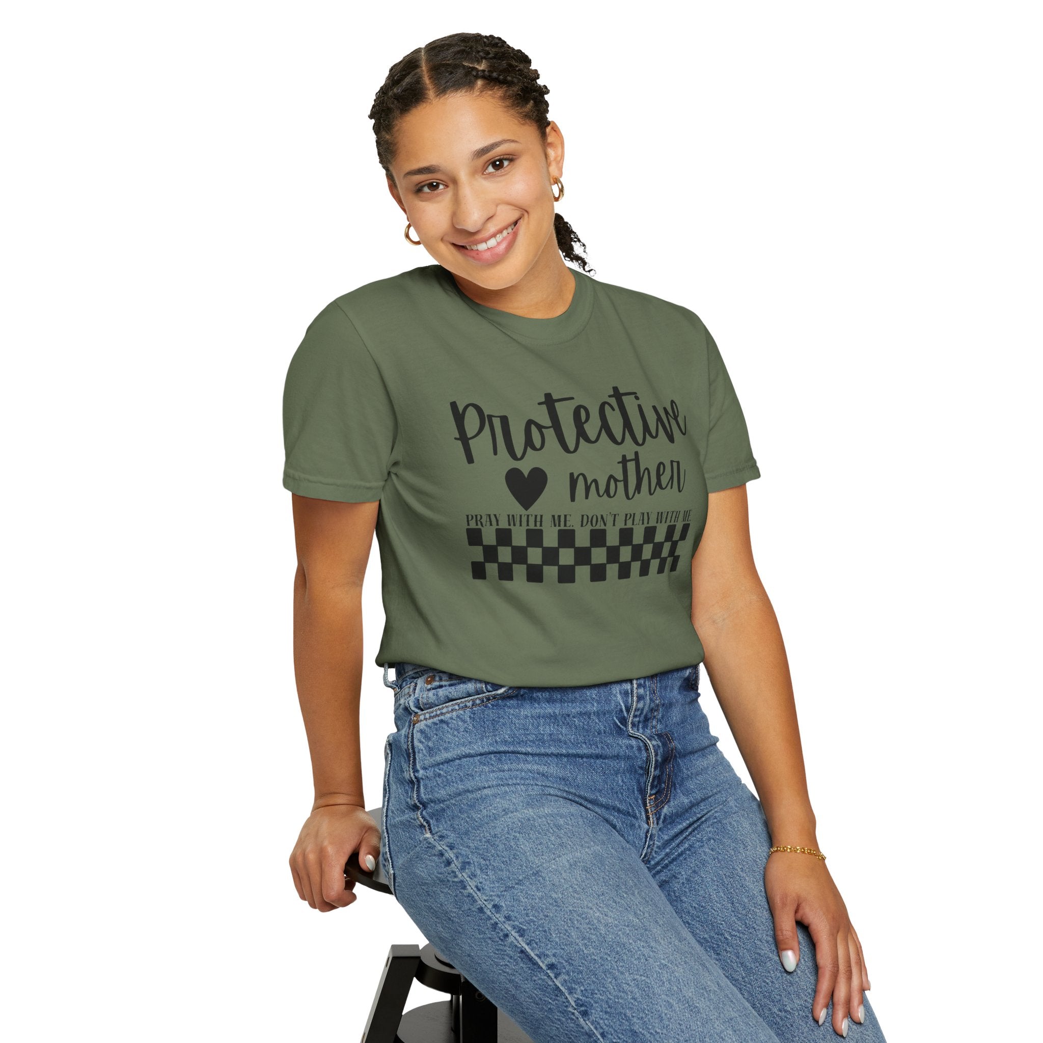 Protective Mother T-Shirt — “Protective Mother” Script Tee with Checkerboard Accent