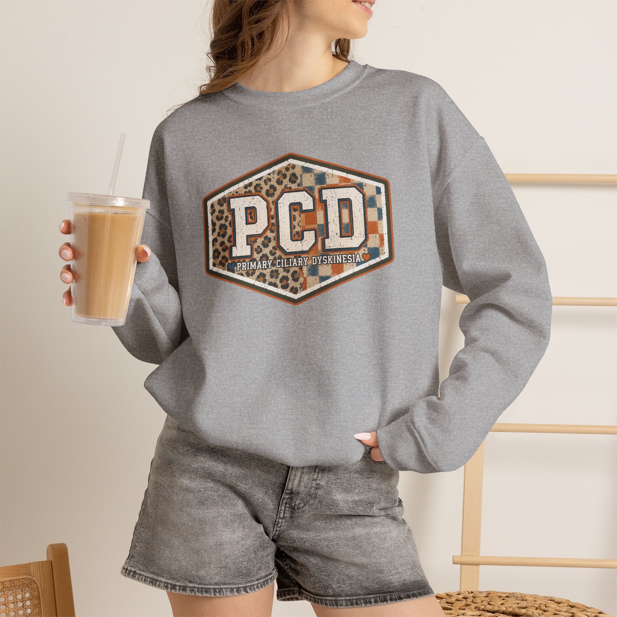 PCD Patch Crewneck Sweatshirt — Plaid & Leopard Logo Pullover