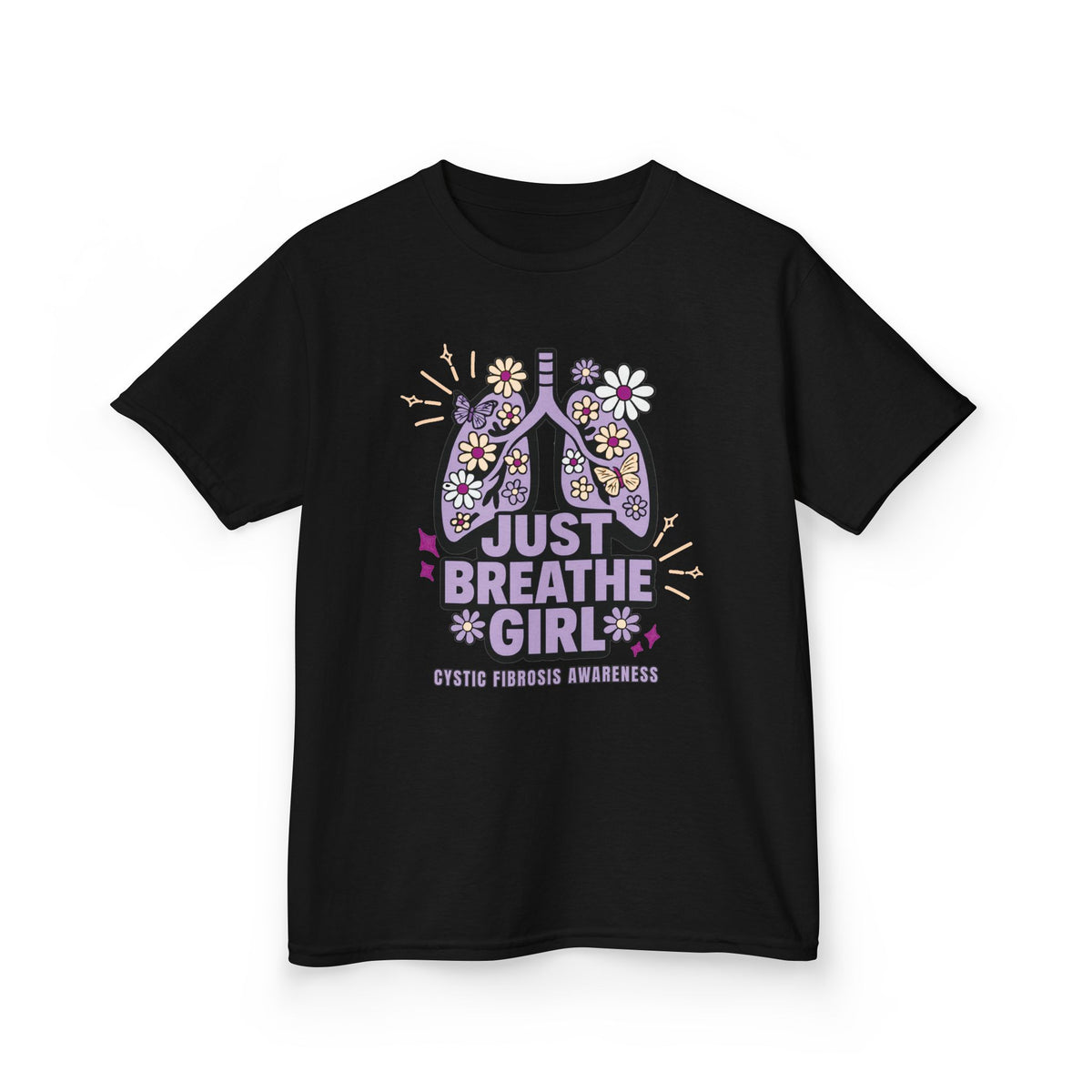 Kids Tee — "Just Breathe Girl" Floral Lungs CF Awareness Shirt