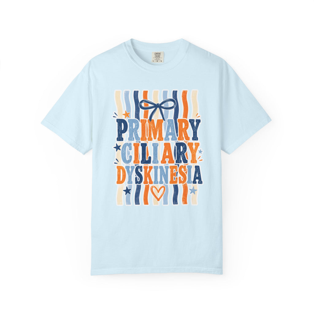 Primary Ciliary Dyskinesia Awareness T-Shirt — Orange & Blue Ribbon Design