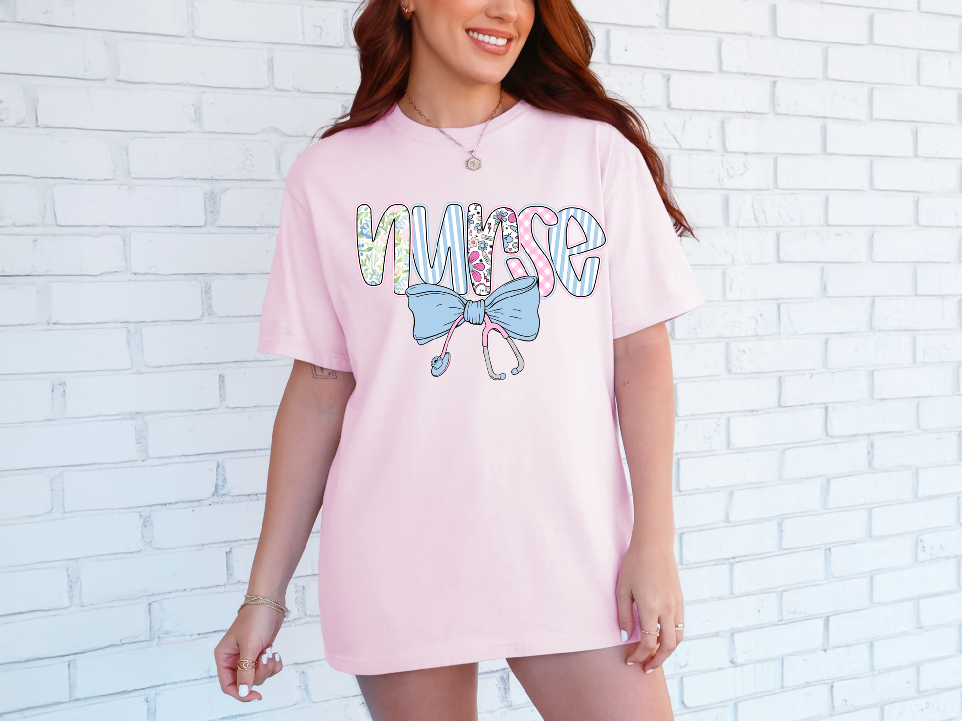 Blue & Pink Nurse Bow T-shirt