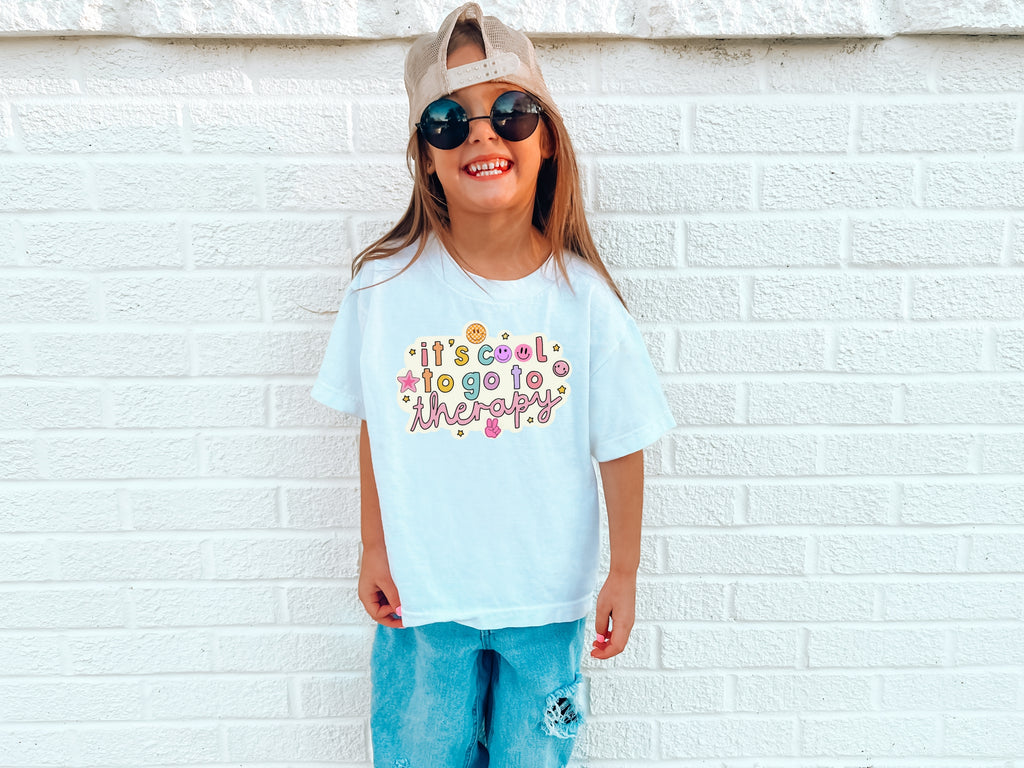 Kids Tee — "It's Cool to Go to Therapy" Retro Flower Therapy Tee