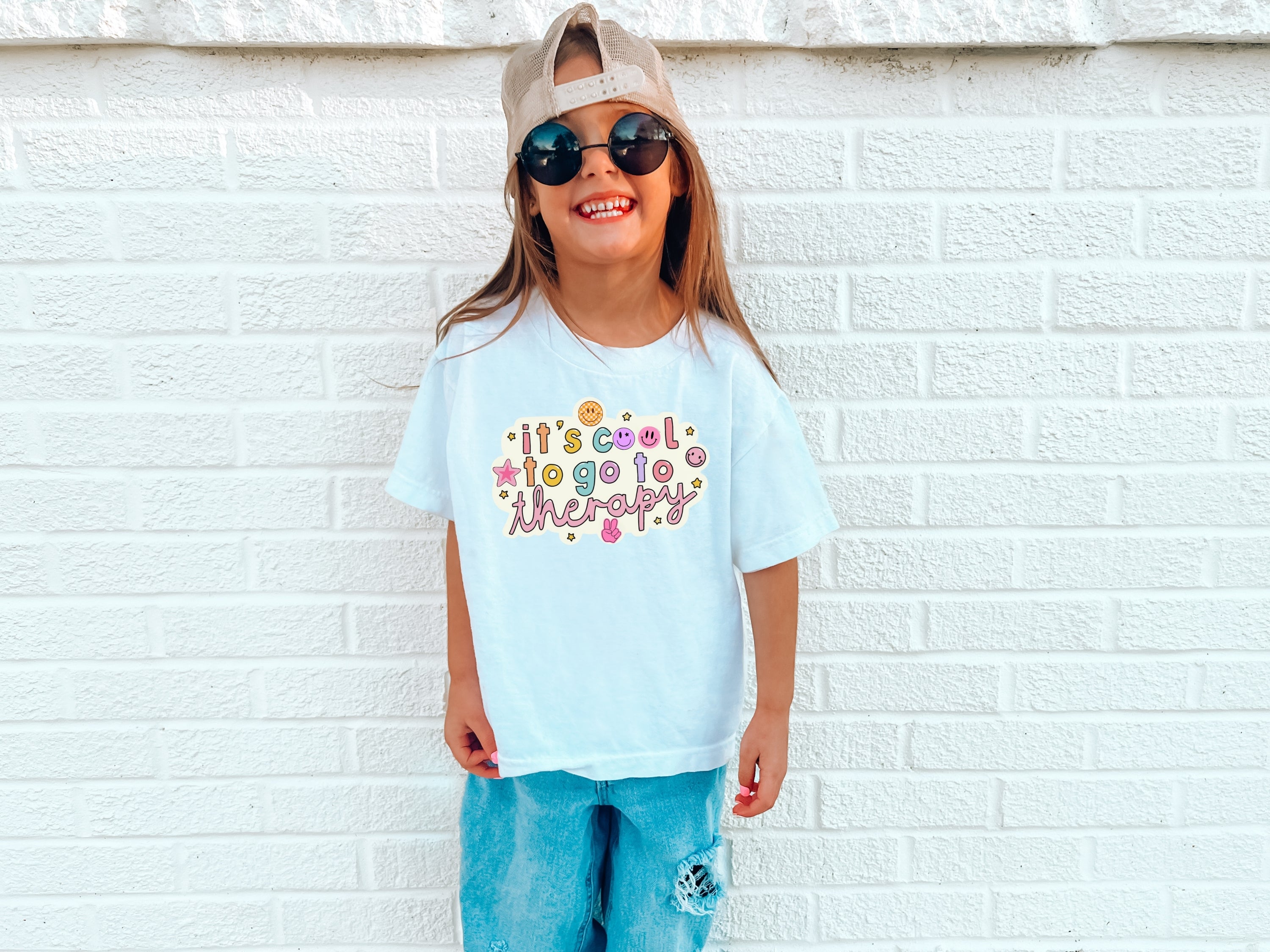 Kids Tee — "It's Cool to Go to Therapy" Retro Flower Therapy Tee