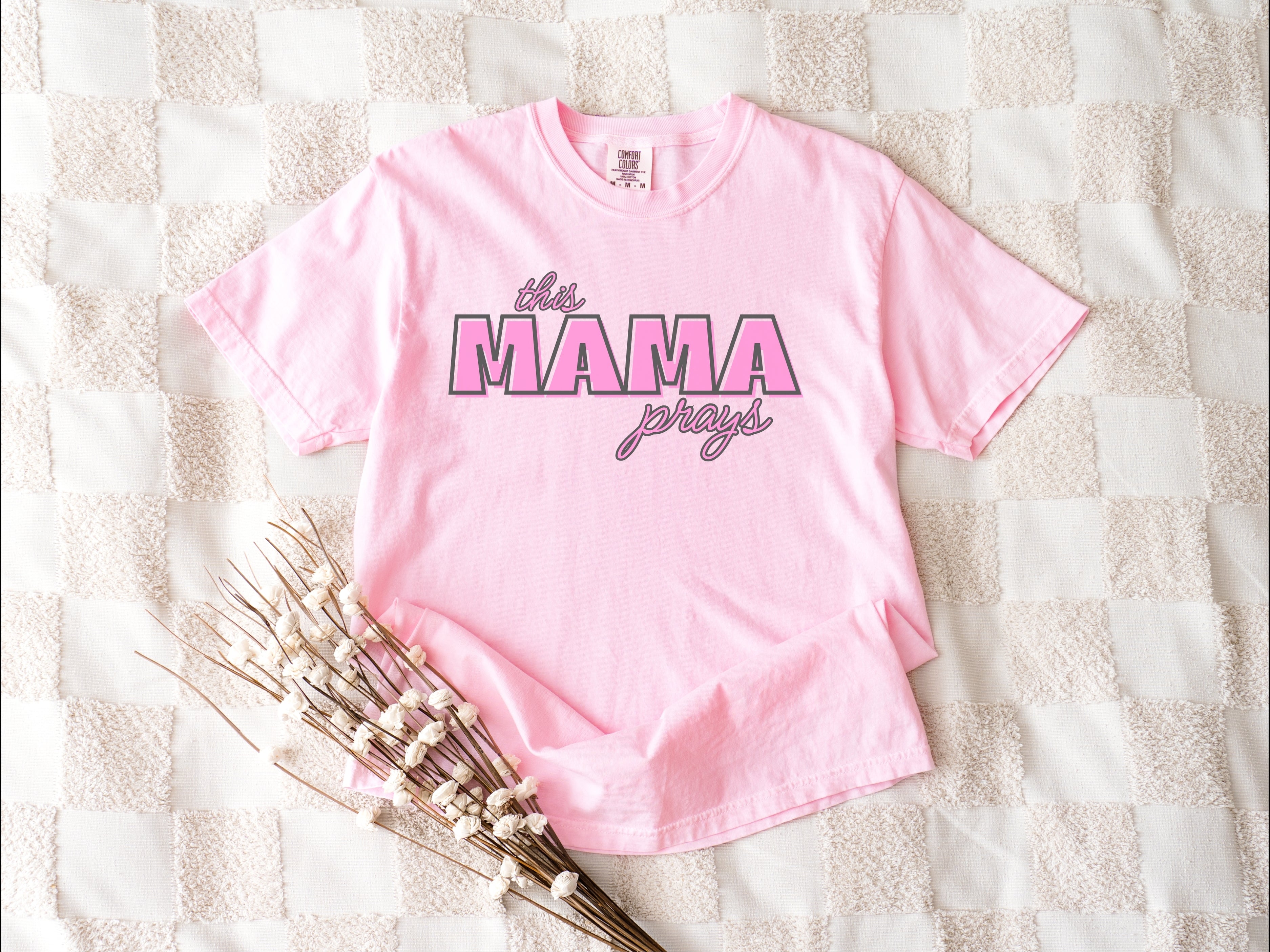 Mama Prays T-Shirt — Soft Vintage Pink Graphic Tee for Moms